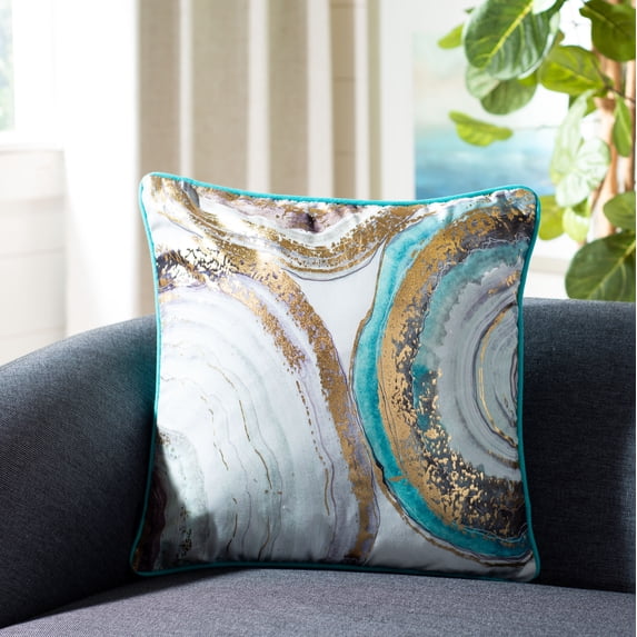 SAFAVIEH Nima 18" x 18" Tropical Plush Pillow, Blue/Gold