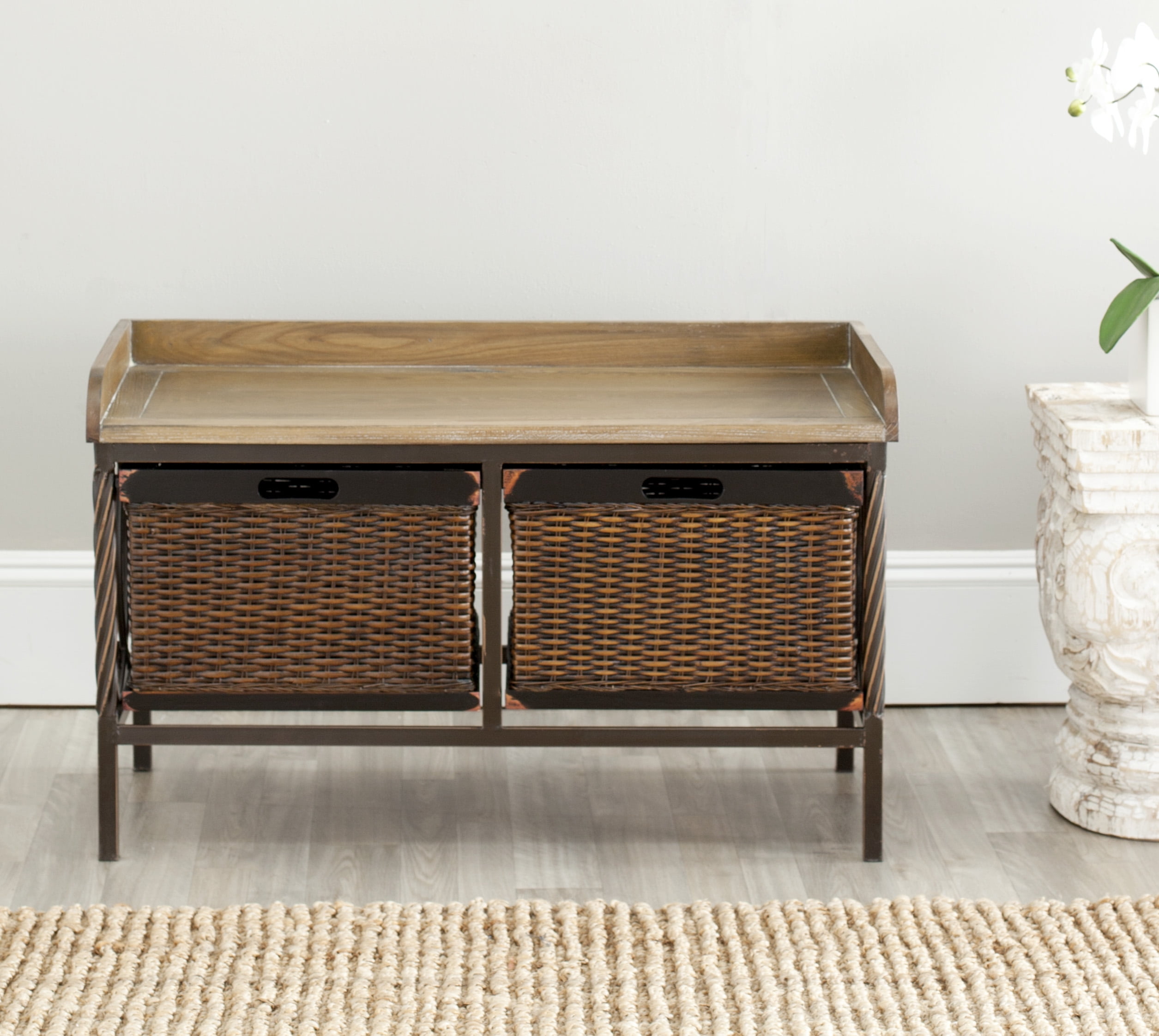SAFAVIEH Noah Rustic 2 Drawer Wooden Storage Bench, Antique Pewter/Oak