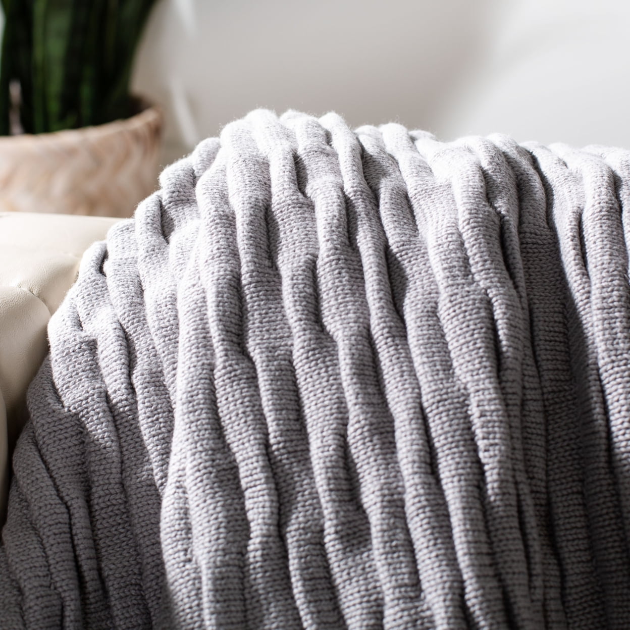 Noela Light Gray Cotton Knit Throw Blanket