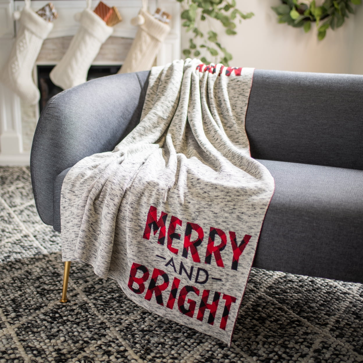 Merry and Bright Grey and Red Cotton Throw Blanket