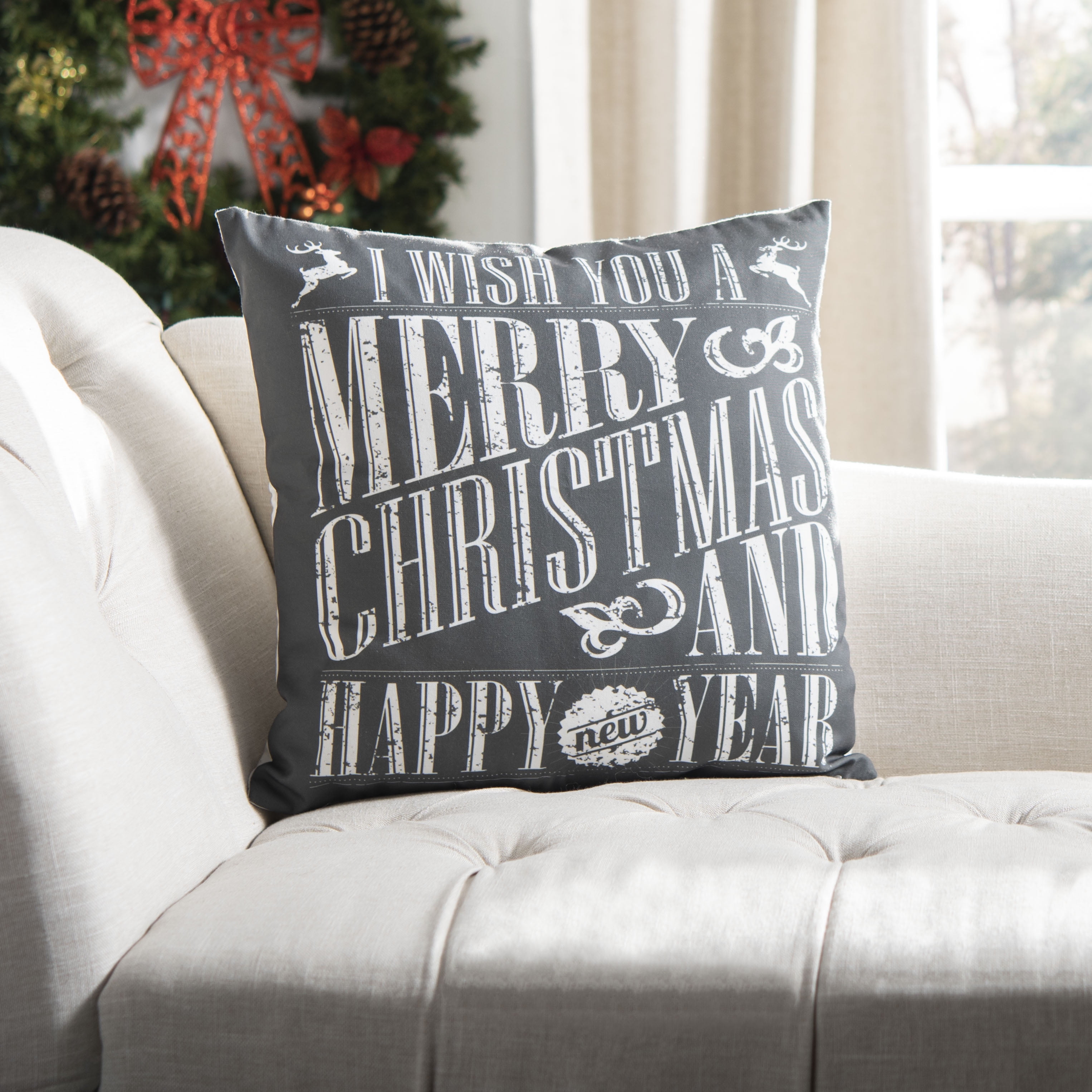 Green and White Embroidered Christmas Square Pillow