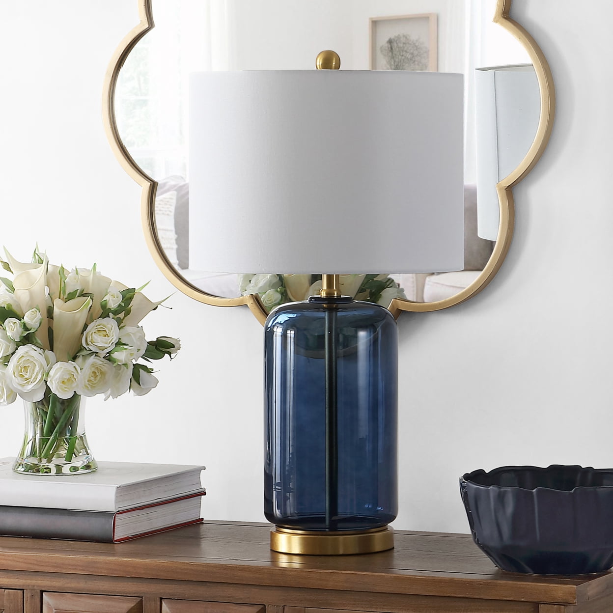 Novah Blue Glass 26-inch Table Lamp with White Drum Shade
