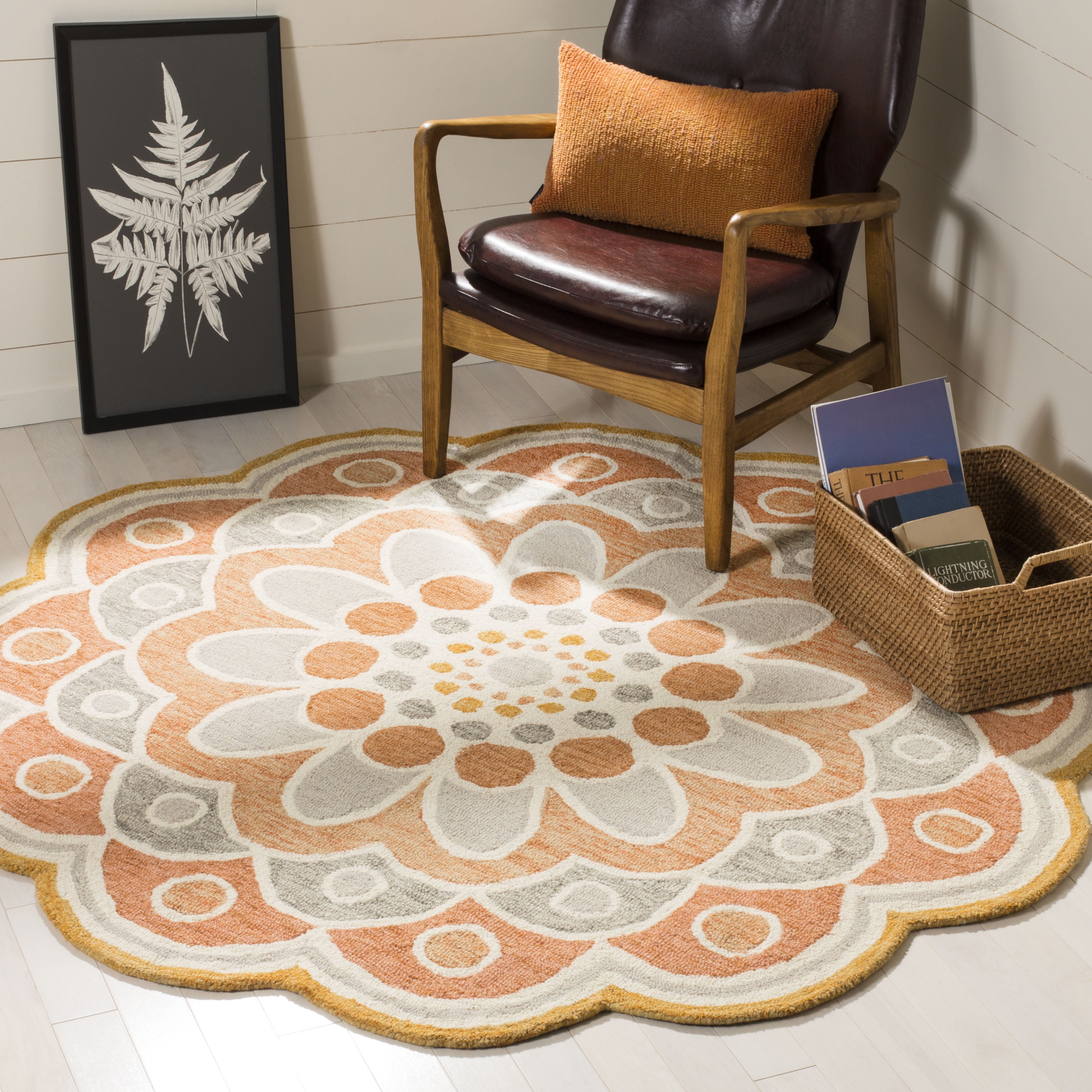 Handmade Round Orange and Gray Wool Tufted Rug