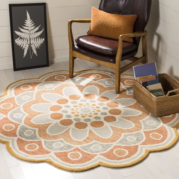 SAFAVIEH Novelty Delaney Floral Wool Area Rug, Grey/Rust, 4' x 4' Round