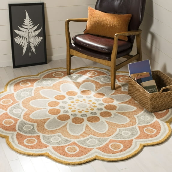 SAFAVIEH Novelty Delaney Floral Wool Area Rug, Grey/Rust, 6' x 6' Round