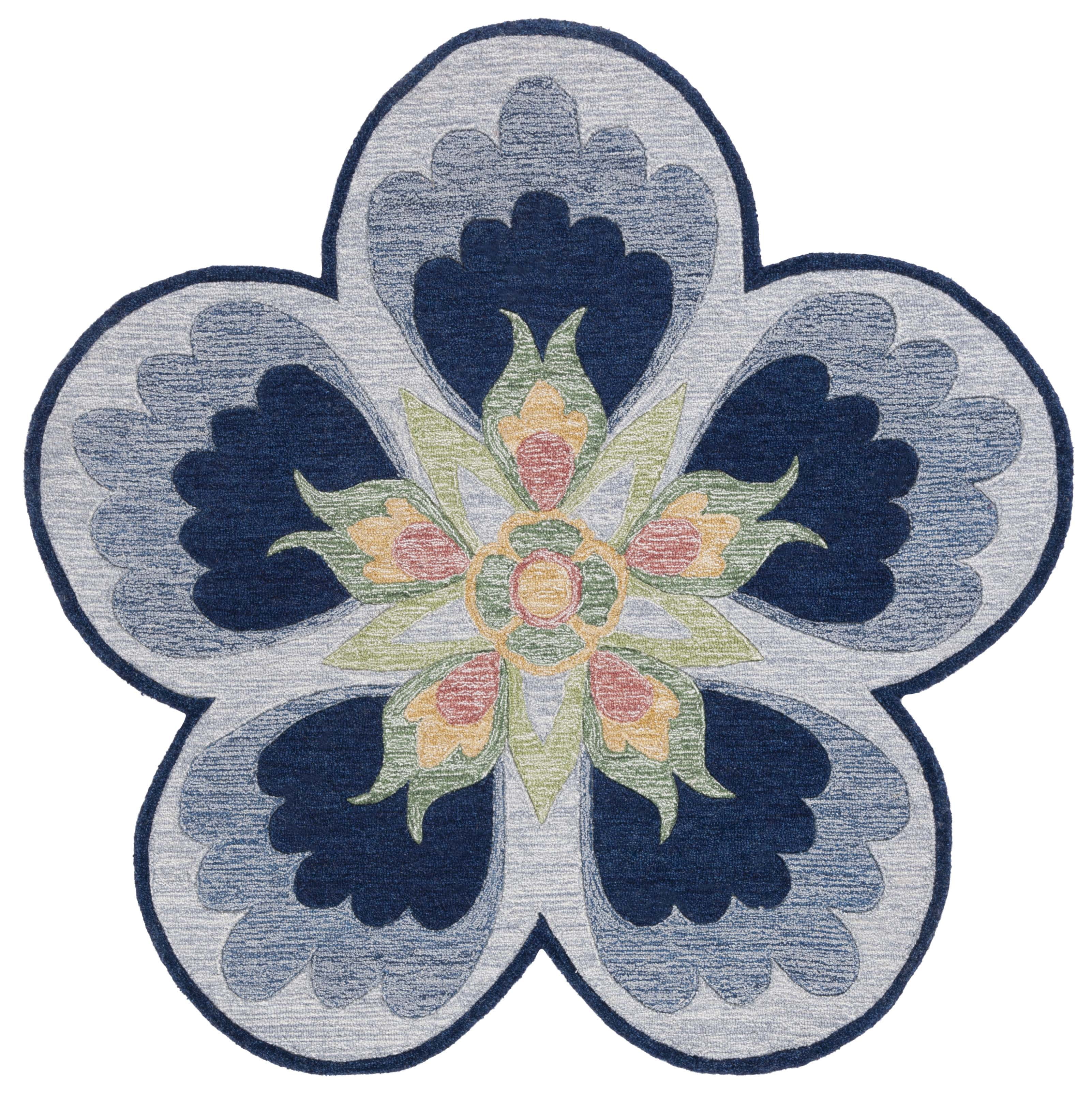 Handmade Blue Floral Wool Tufted Round Rug, 3'