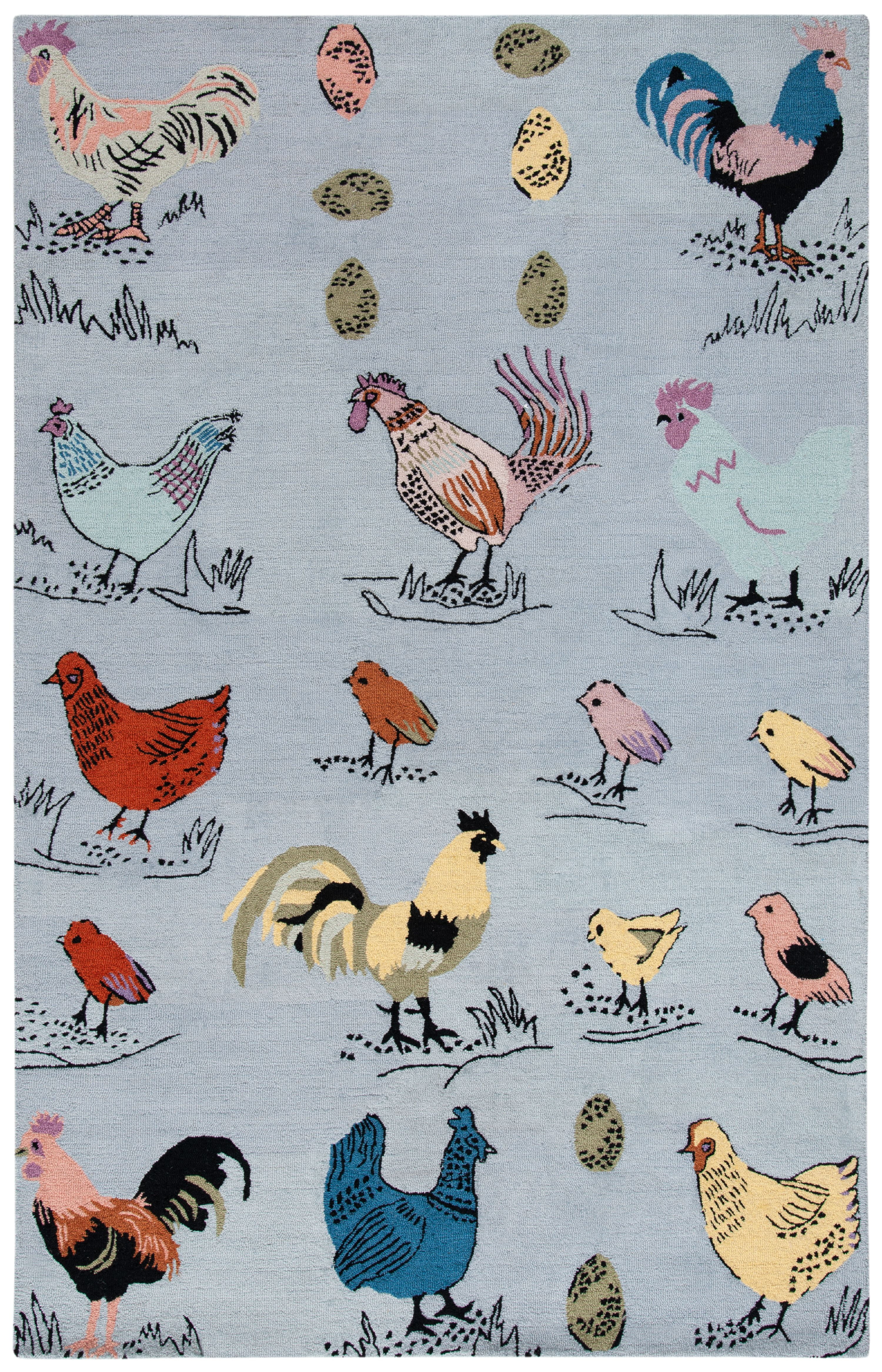 Blue Hand Tufted Wool Rectangular Area Rug with Rooster Design