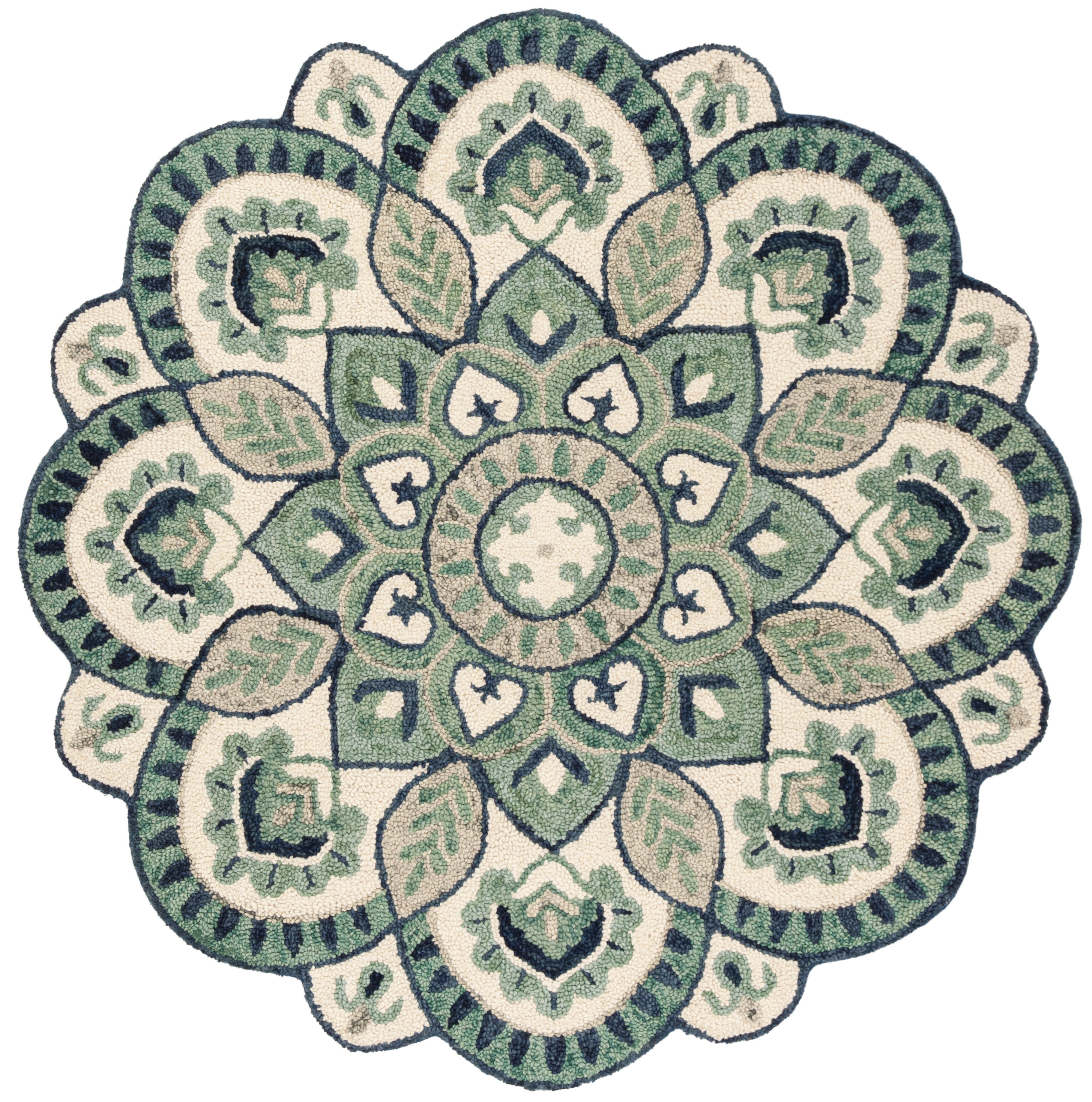 Handmade Ivory and Green Wool Round Tufted Area Rug