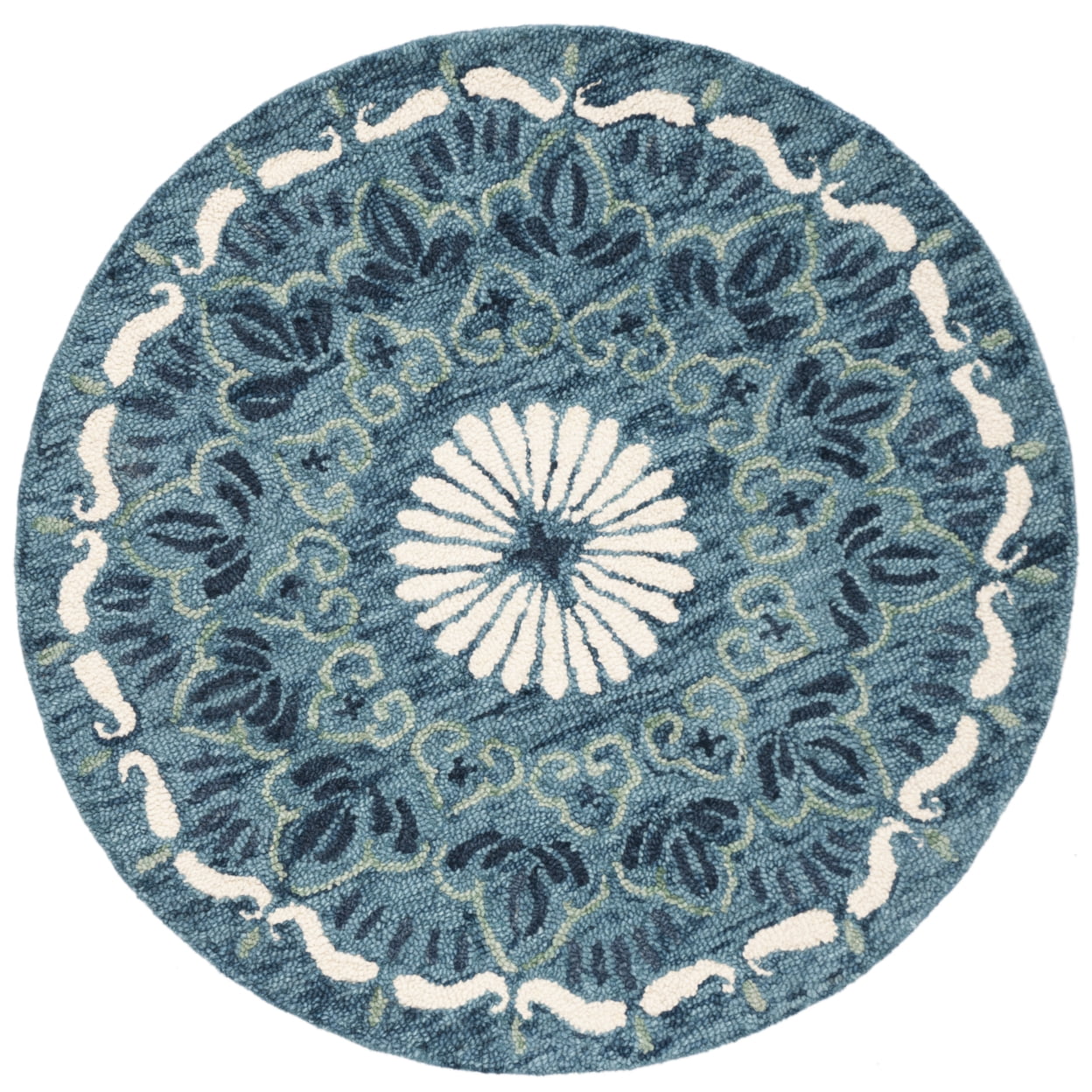 Handmade Blue and Ivory Round Wool Area Rug