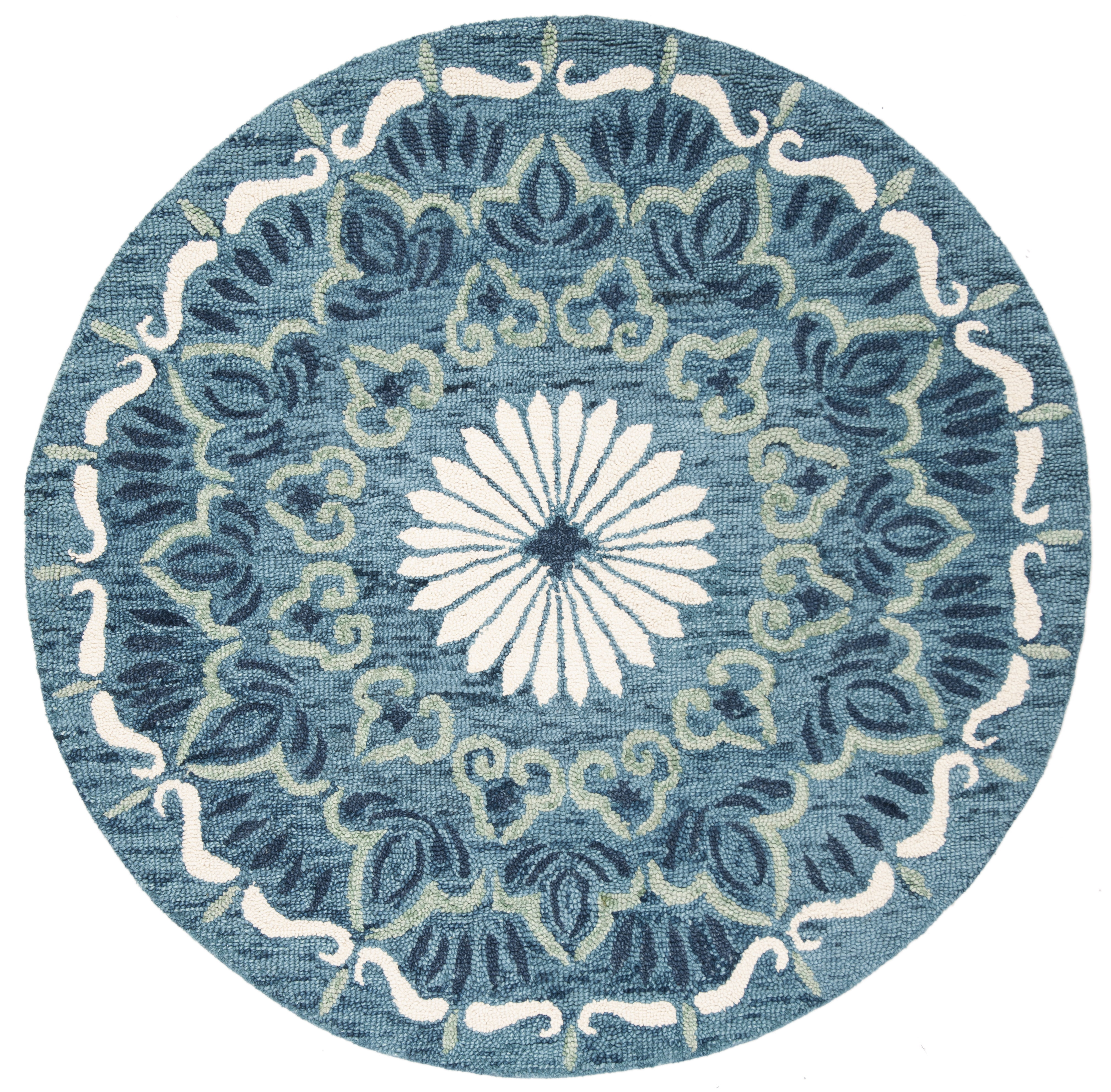 Handmade Blue and Ivory Round Wool Area Rug