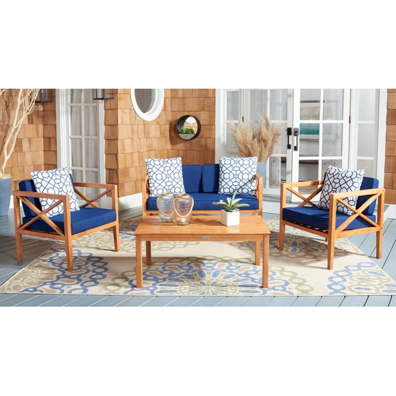 SAFAVIEH Nunzio Outdoor 4 Pc Conversational Set, Natural/Navy