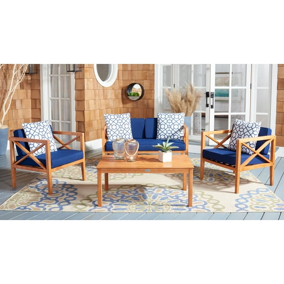 SAFAVIEH Nunzio Outdoor 4 Pc Conversational Set, Natural/Navy