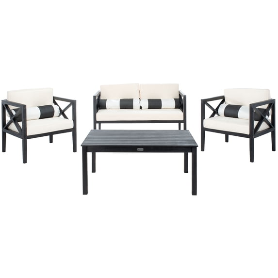 SAFAVIEH Nunzio Outdoor 4 Pc Conversational Set, Natural/Navy