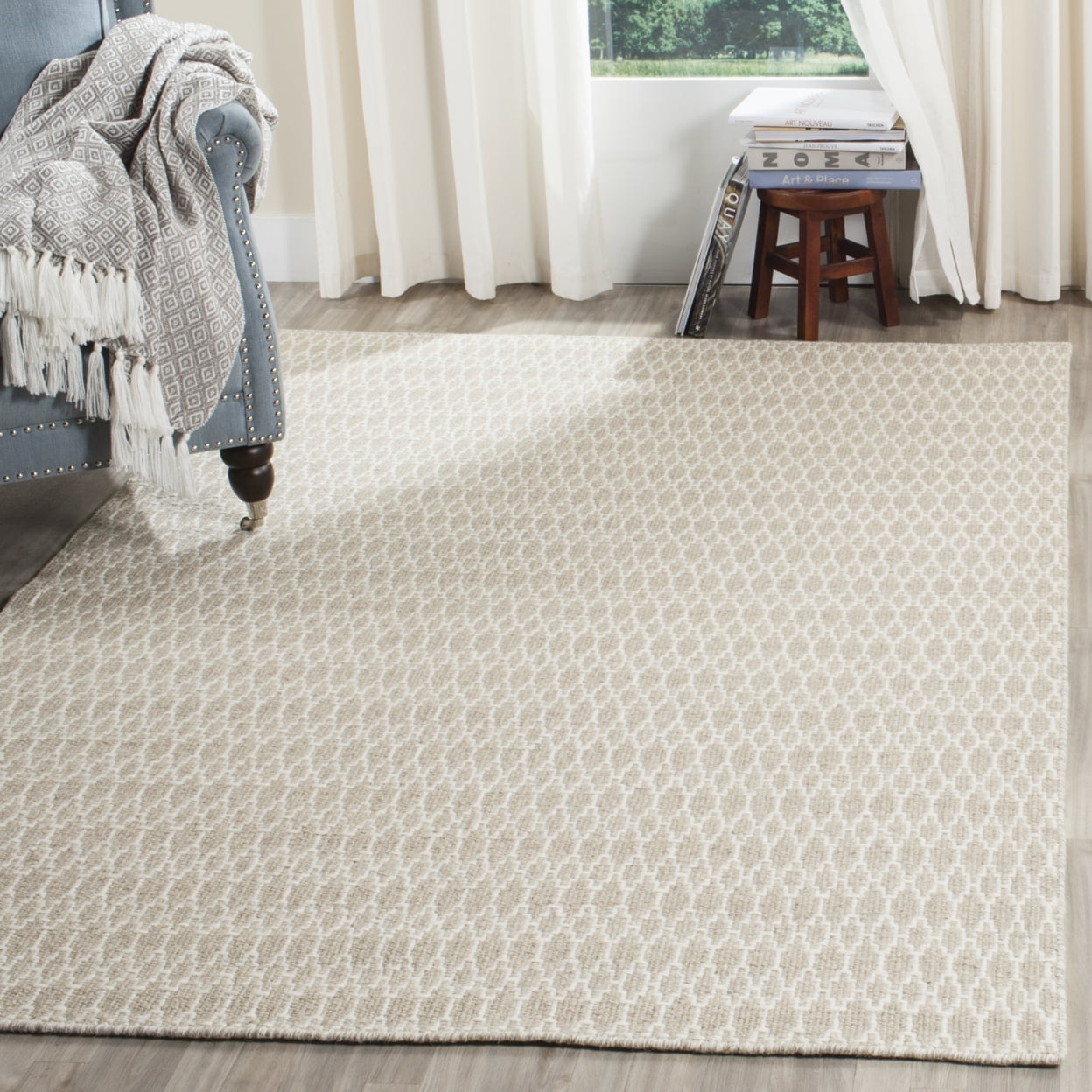 Beige Ivory Diamond Handwoven Wool-Cotton 8' x 10' Rug