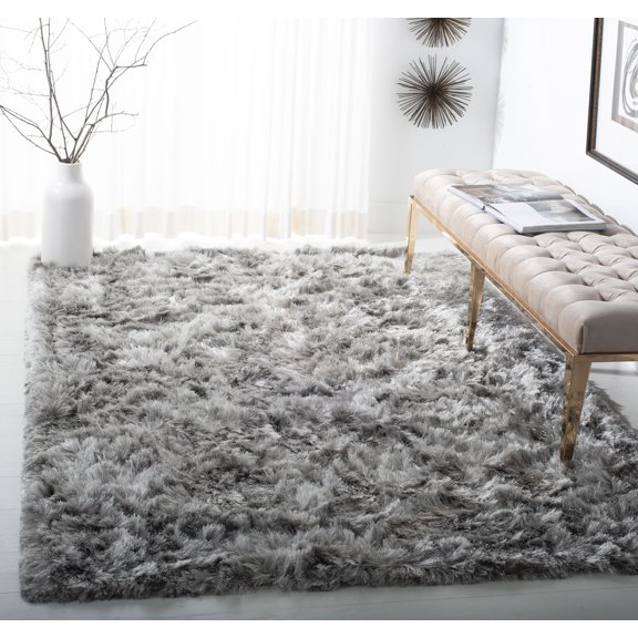 SAFAVIEH Ocean Trellis Solid Plush Polyester Shag Area Rug, Silver, 10' x 14'