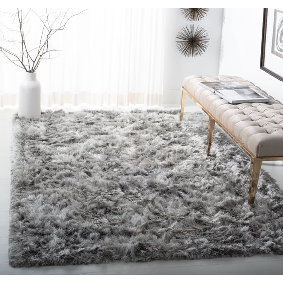 SAFAVIEH Ocean Trellis Solid Plush Polyester Shag Area Rug, Silver, 5' x 8'