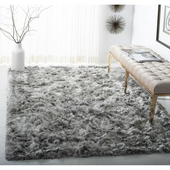 SAFAVIEH Ocean Trellis Solid Plush Polyester Shag Area Rug, Silver, 6' x 6' Round