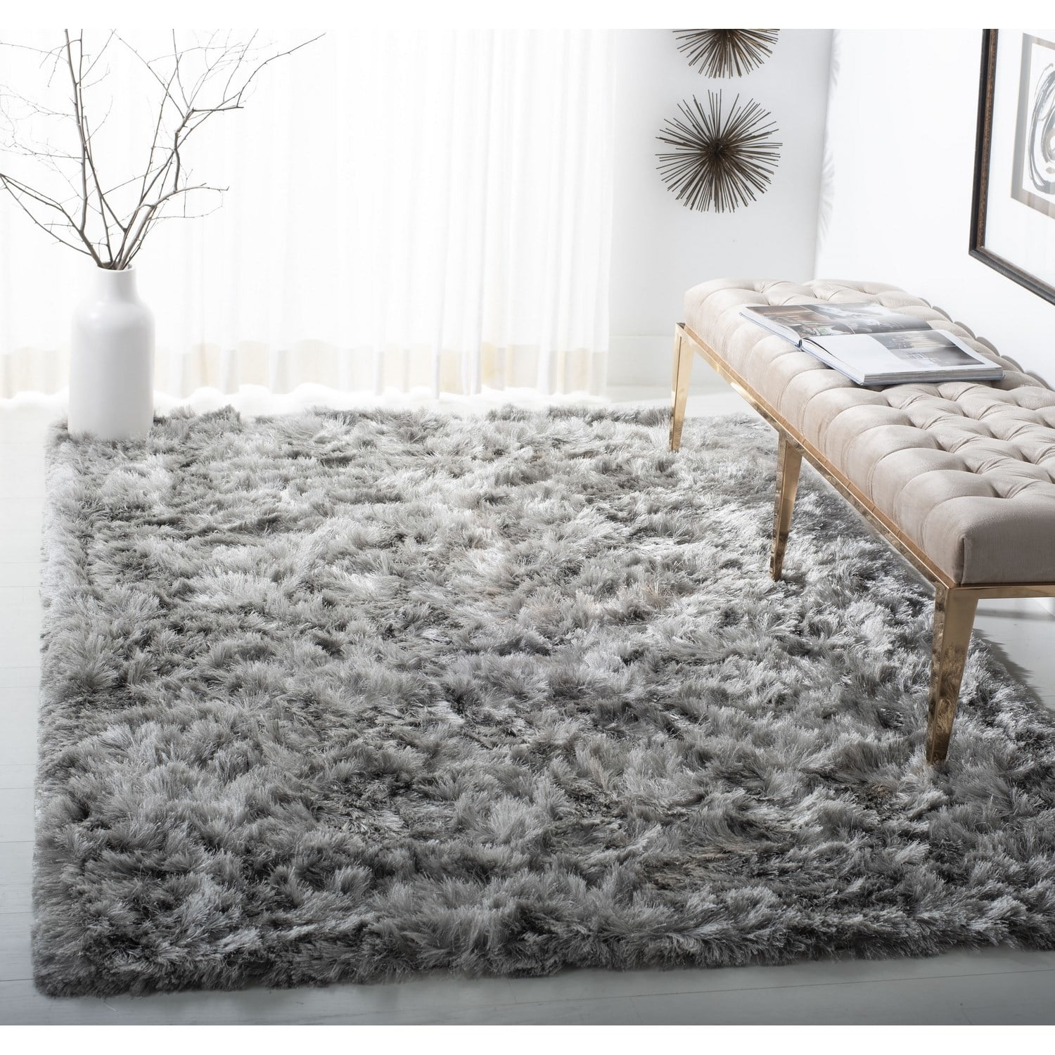 SAFAVIEH Ocean Trellis Solid Plush Polyester Shag Area Rug, Silver, 6' x 6' Square