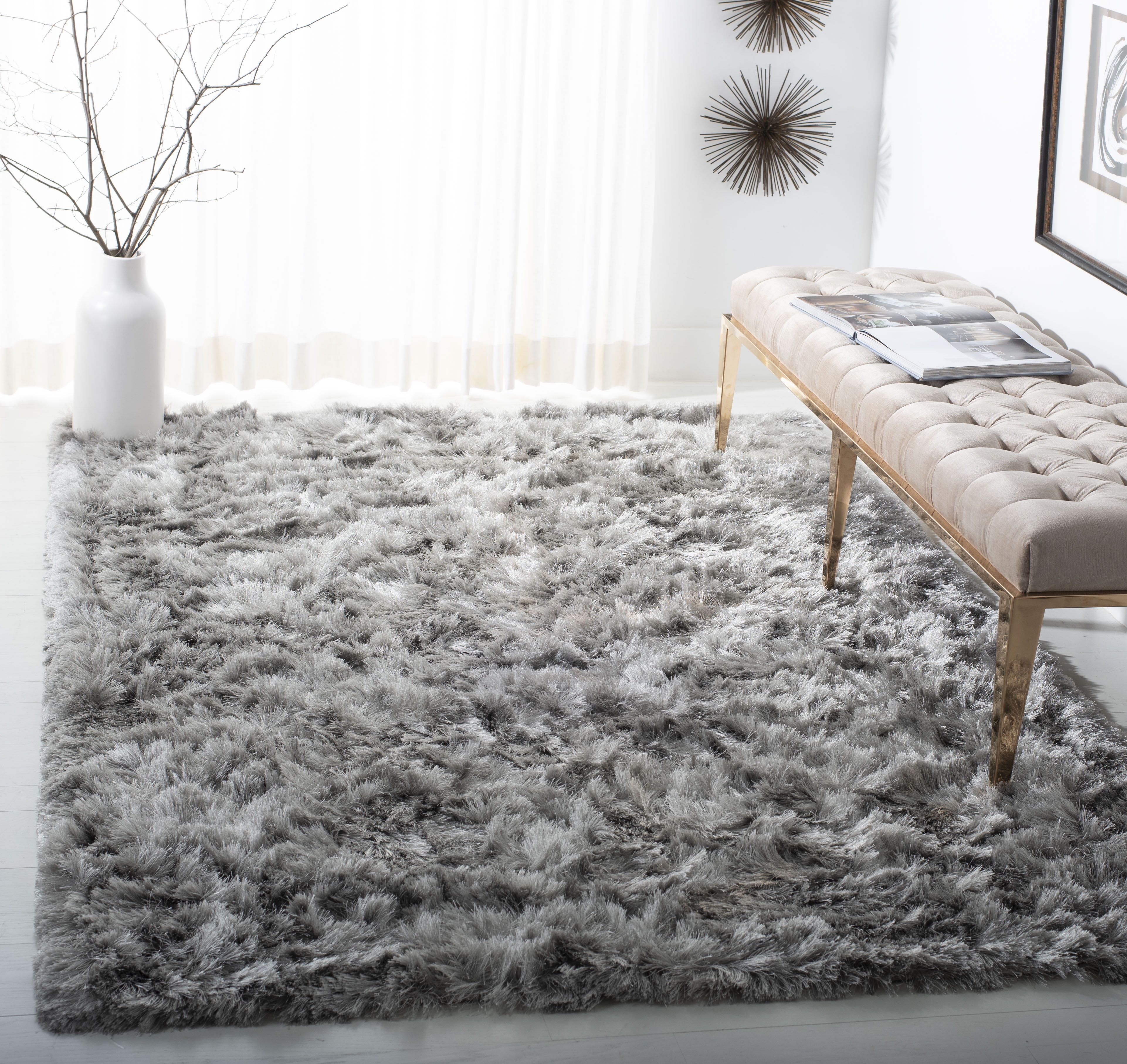 SAFAVIEH Ocean Trellis Solid Plush Polyester Shag Area Rug, Silver, 9' x 12'