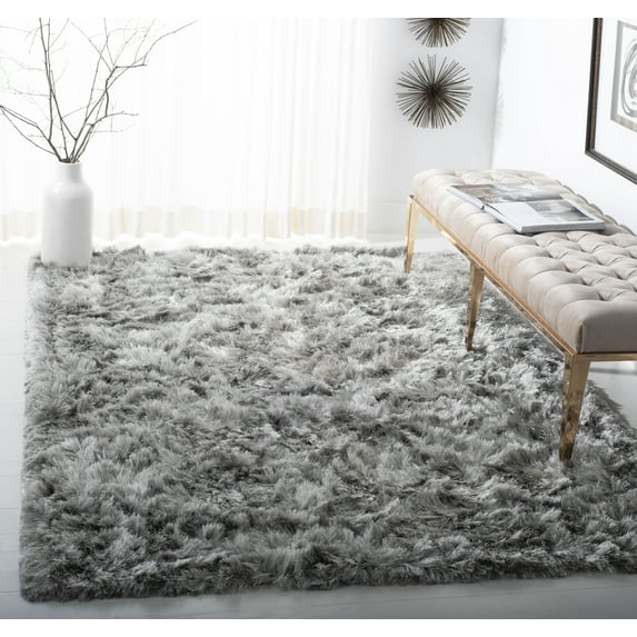 SAFAVIEH Ocean Trellis Solid Plush Polyester Shag Area Rug, Silver, 9' x 12'