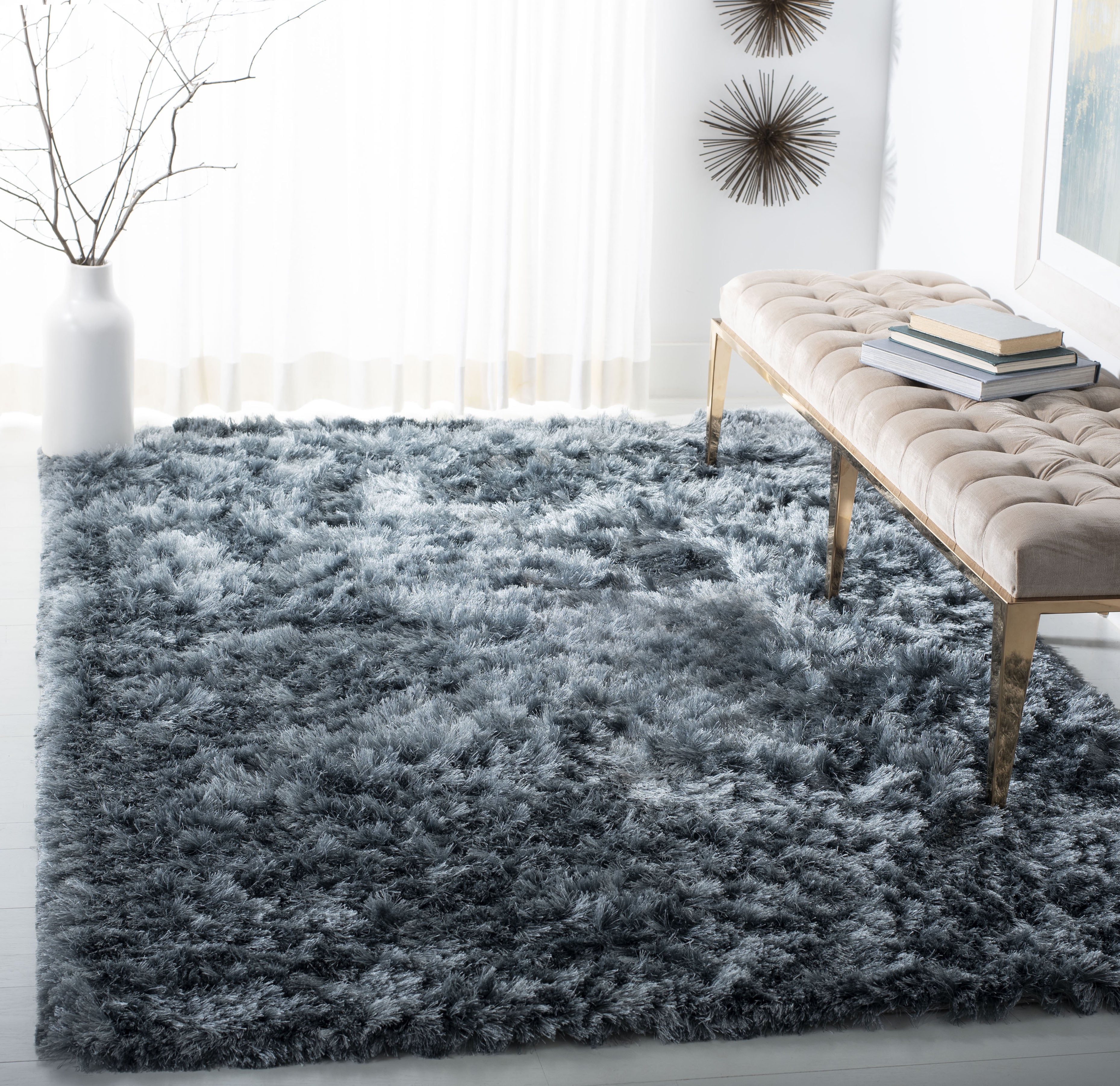 SAFAVIEH Ocean Trellis Solid Plush Polyester Shag Area Rug, Slate, 6' x 9'