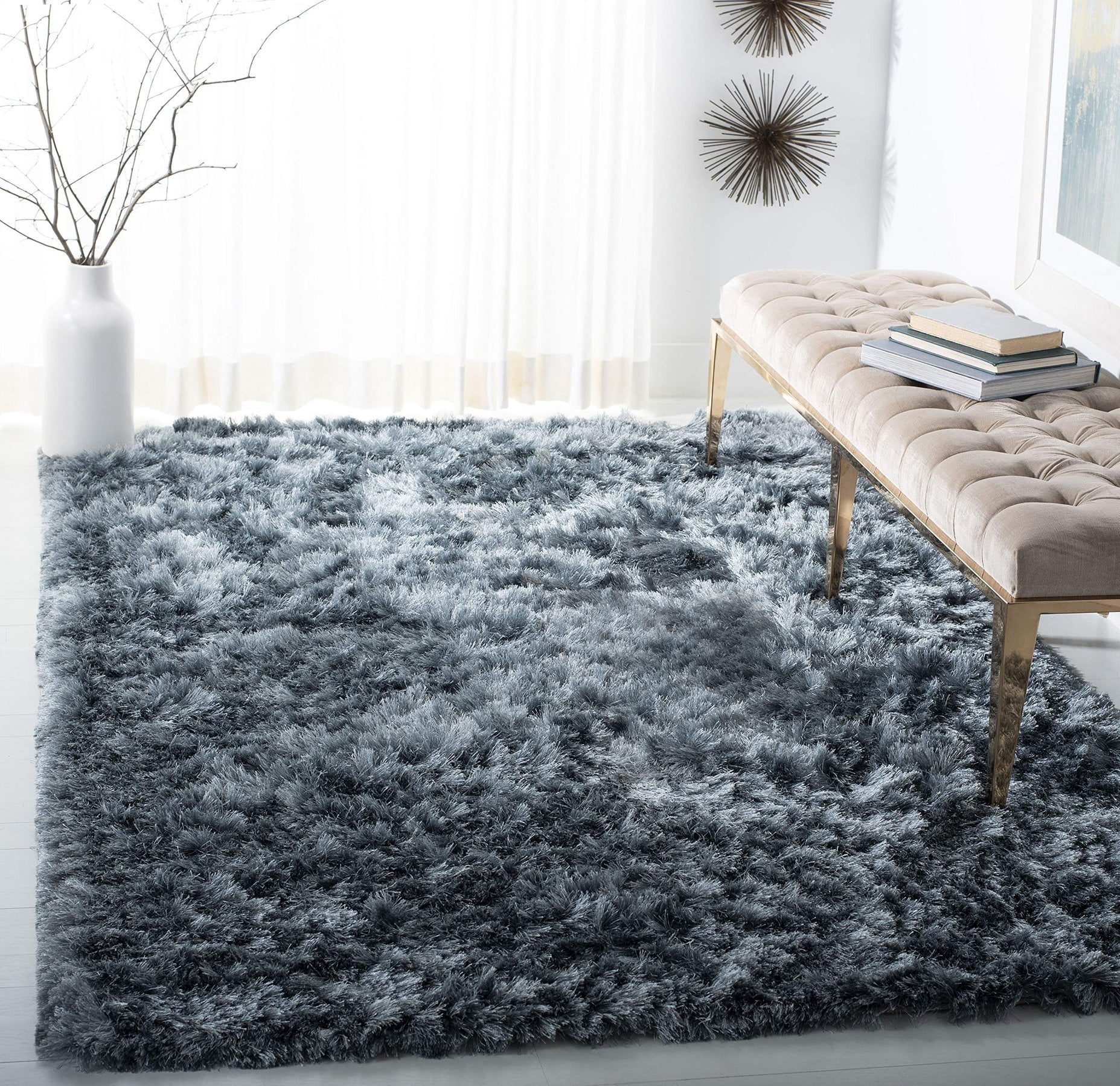 SAFAVIEH Ocean Trellis Solid Plush Polyester Shag Area Rug, Slate, 8' x 10'