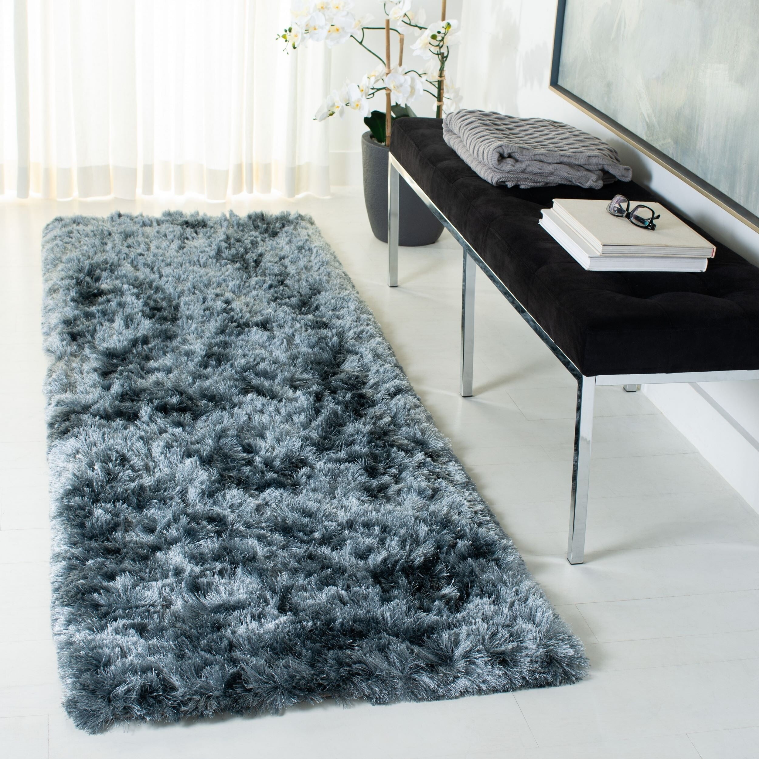 Slate Hand-Tufted Synthetic Shag Runner Rug, 2'3" x 6'