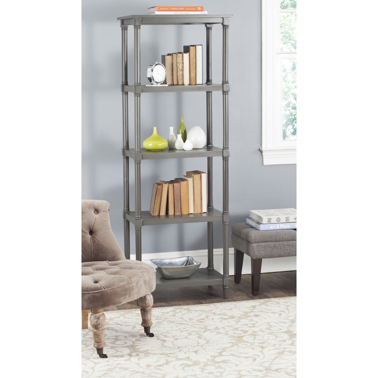 Transitional Gray Pine Wood 5-Tier Spindle Bookcase
