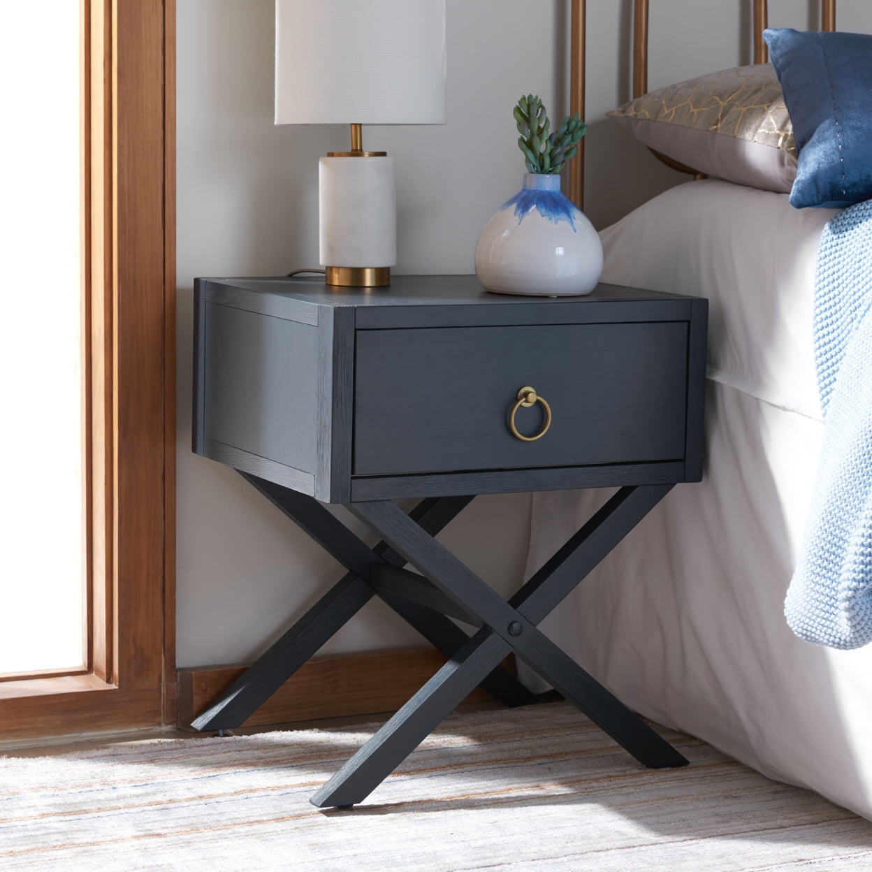 Odilia Navy and Gold Solid Acacia Retro Nightstand with 1 Drawer