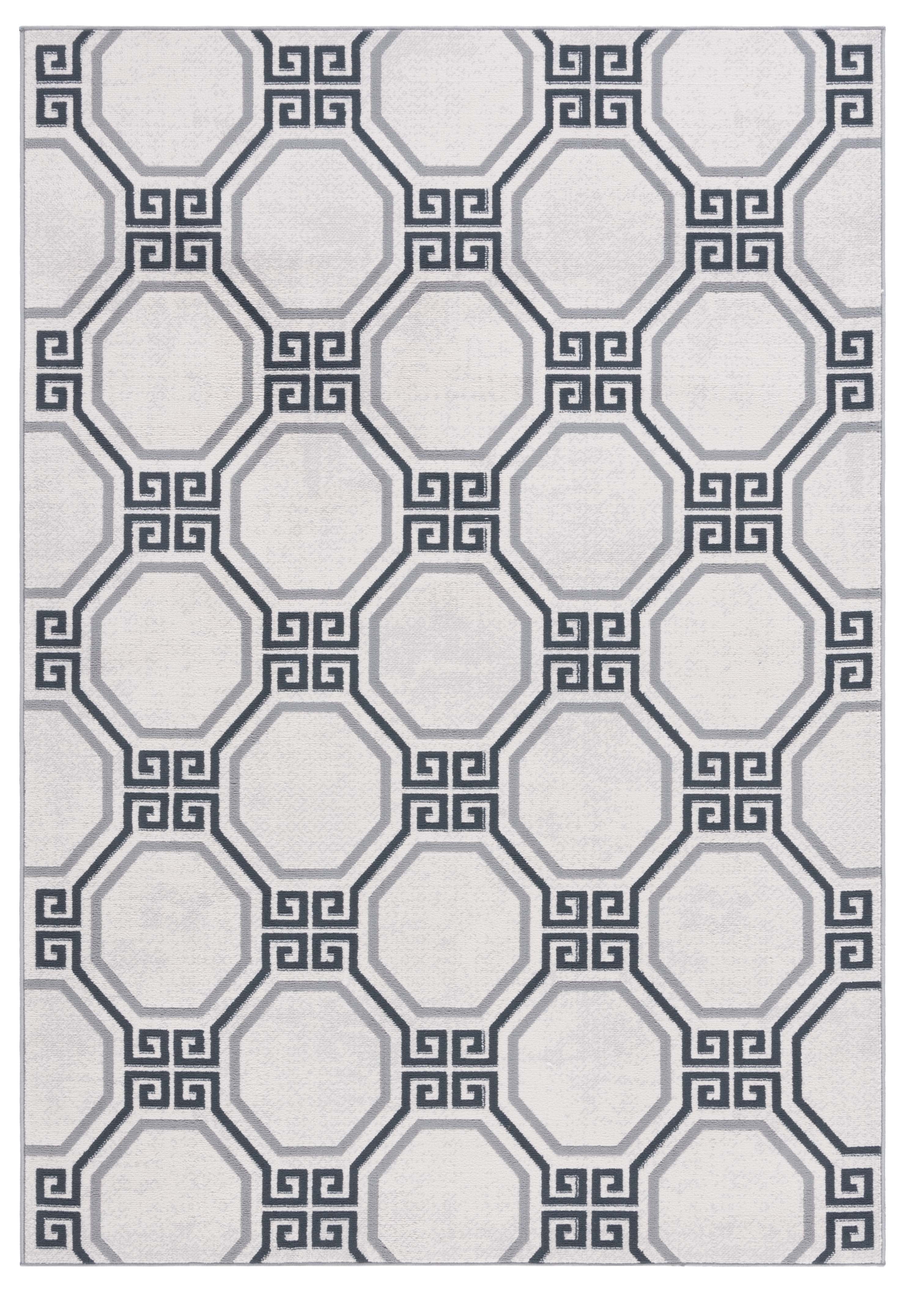 Ivory and Grey Geometric Pattern Rectangular Synthetic Area Rug