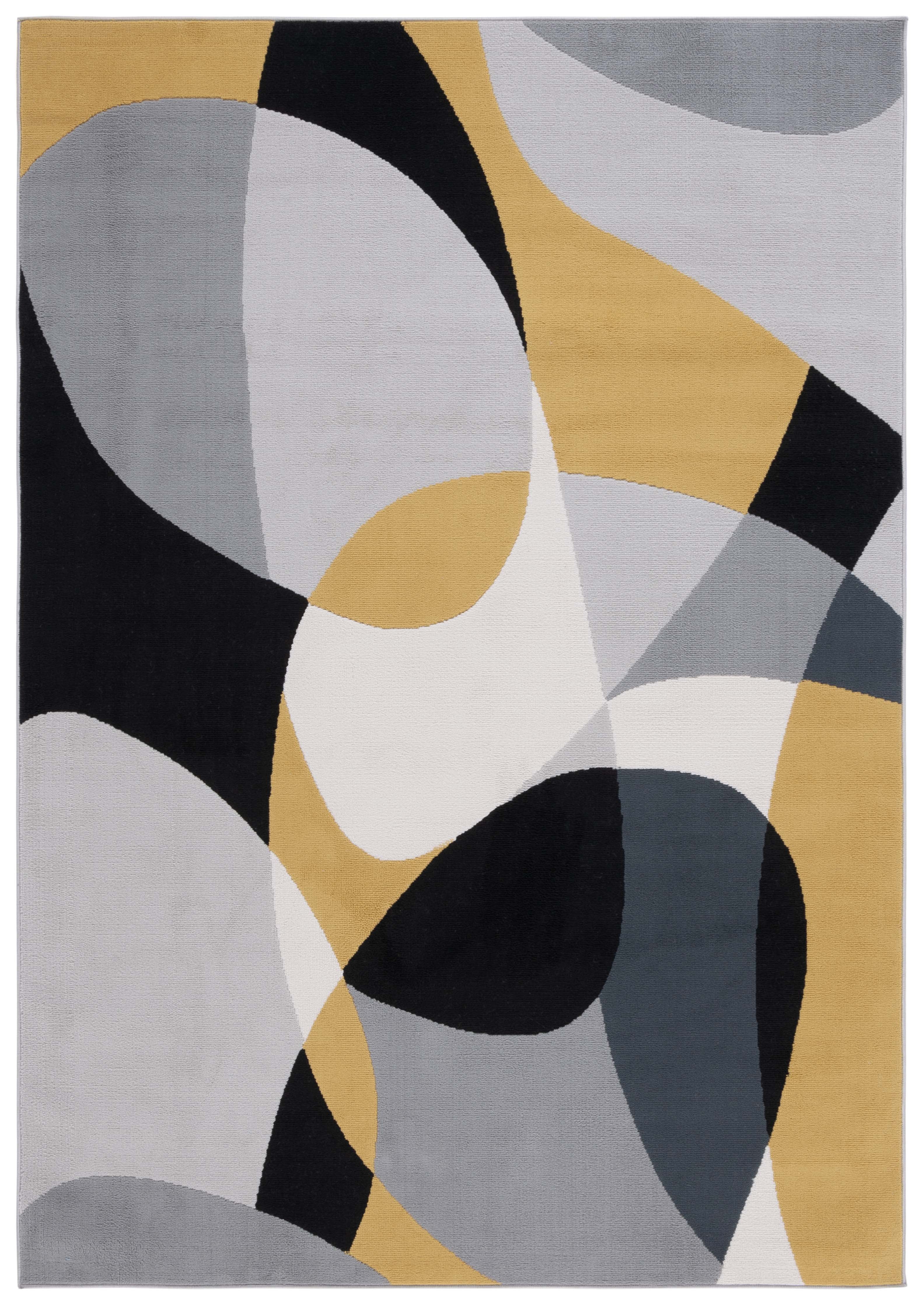 Modern Grey and Gold Black Synthetic Round Area Rug