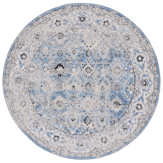 SAFAVIEH Odyssey Edmond Damask Polyester Area Rug, Grey/Light Blue, 6'7" x 6'7" Round