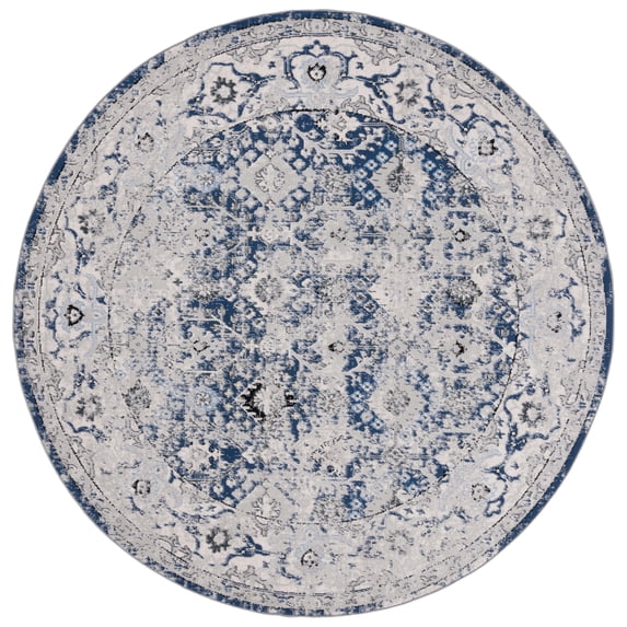 SAFAVIEH Odyssey Edmond Damask Polyester Area Rug, Grey/Navy, 6'7" x 6'7" Round
