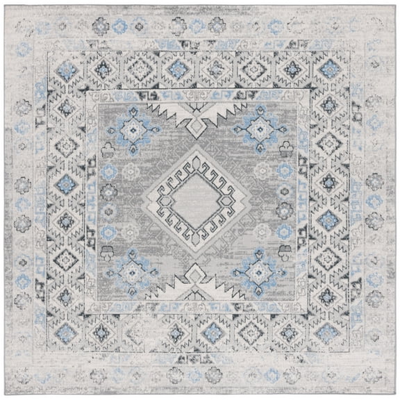 SAFAVIEH Odyssey Edna Damask Polyester Area Rug, Grey/Light Blue, 6'7" x 6'7" Square