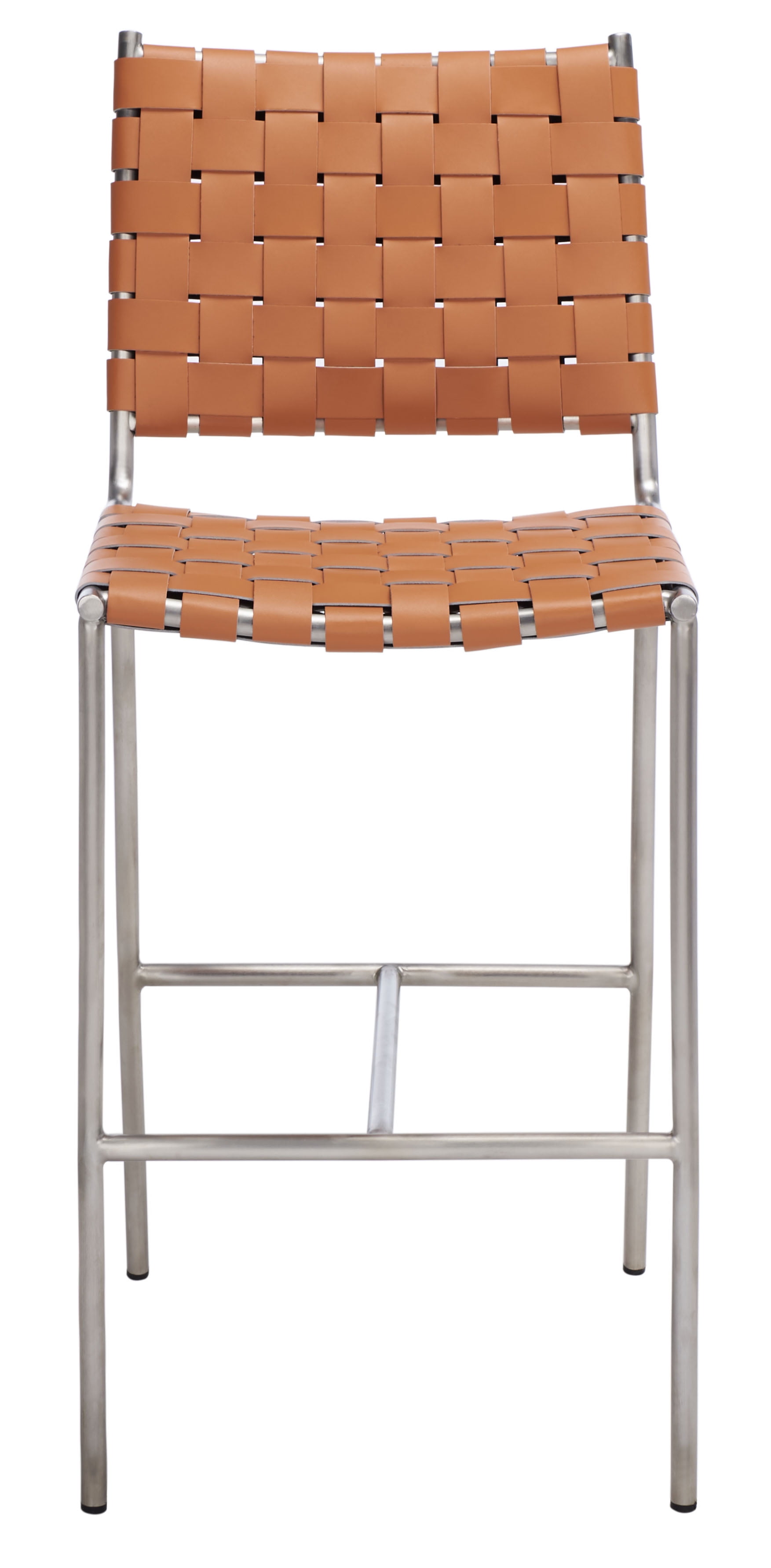 Cognac Leather Saddle Counter Stool with Silver Metal Base