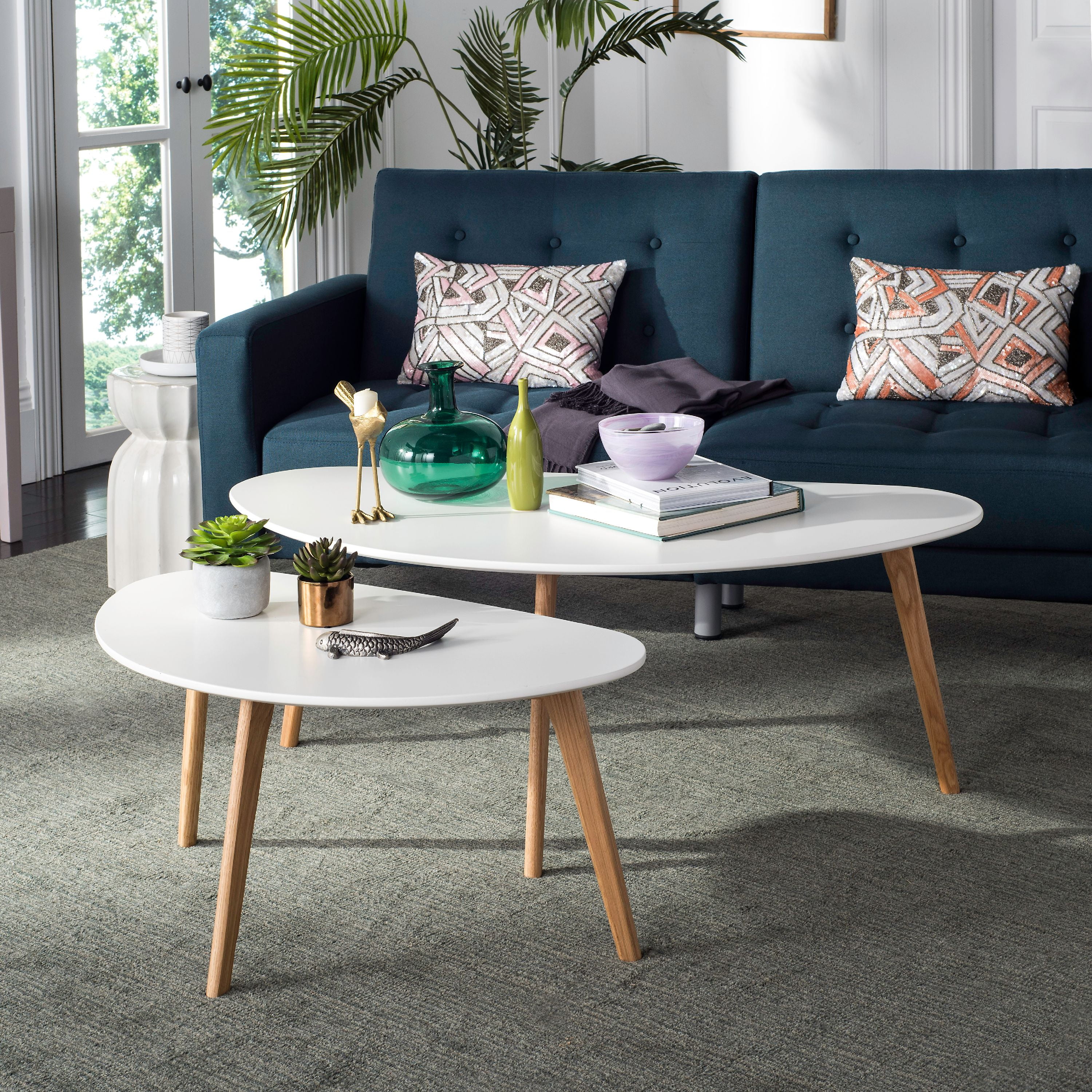 Olida Transitional Oval Double Coffee Table in White and Natural Wood