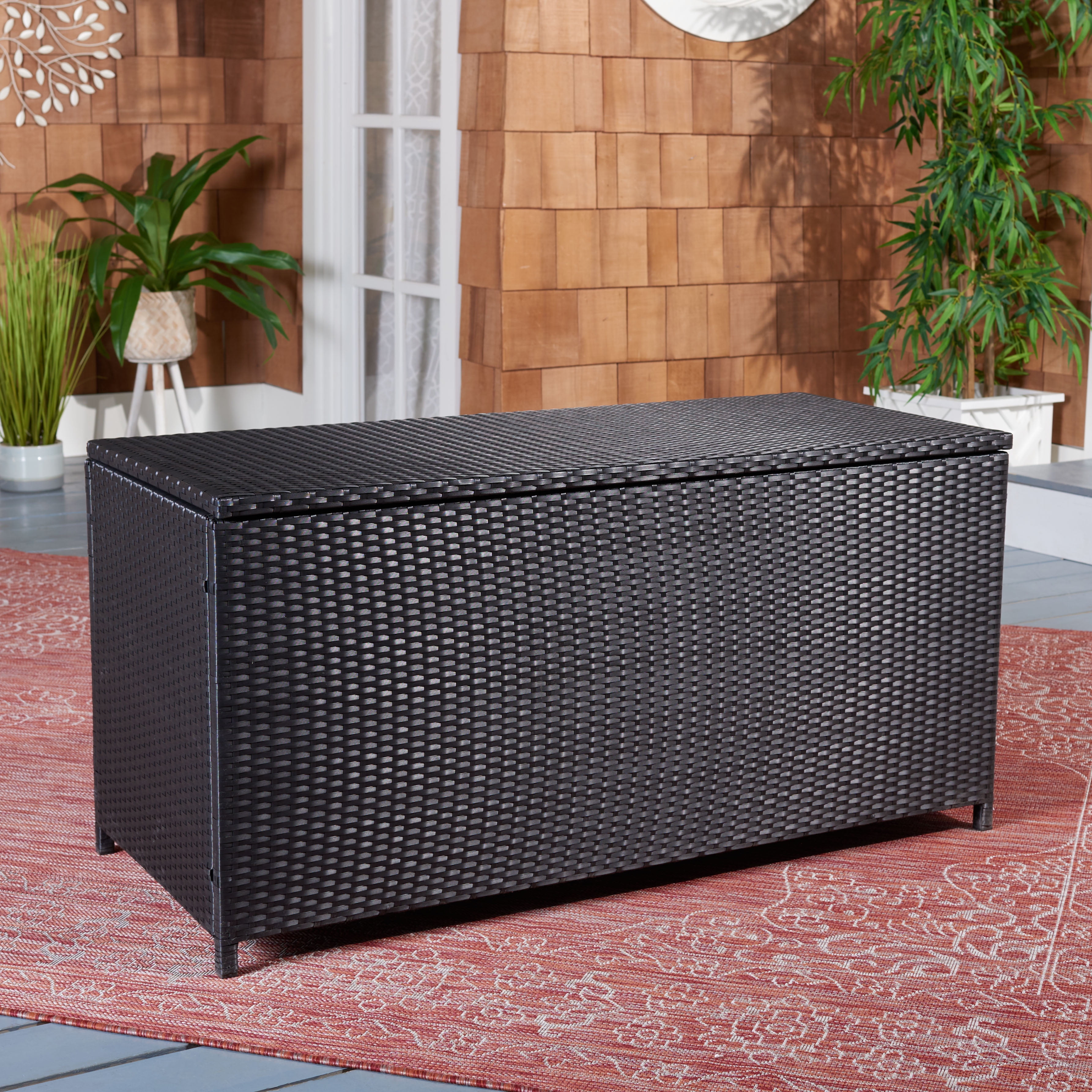 Safavieh Black Wicker Outdoor Deck Box with Wheels