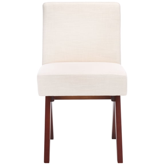 SAFAVIEH Oliviadella Mid-Century Linen Solid Dining Side Chair, Bone/Walnut