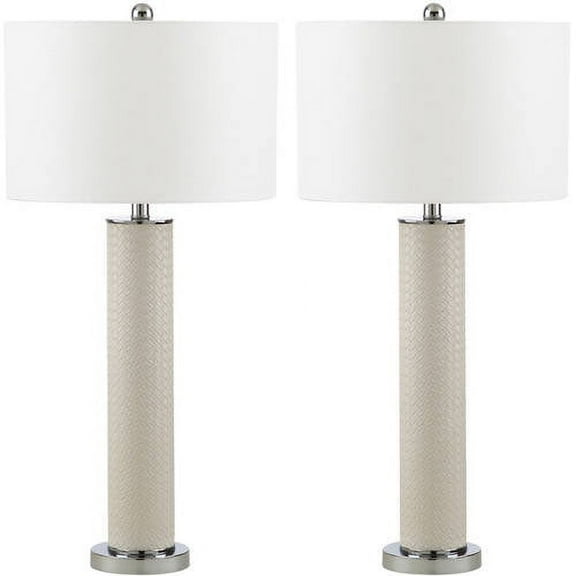 SAFAVIEH Ollie 31.5 in. H Faux Column Table Lamp, Cream Faux Woven Leather, Set of 2