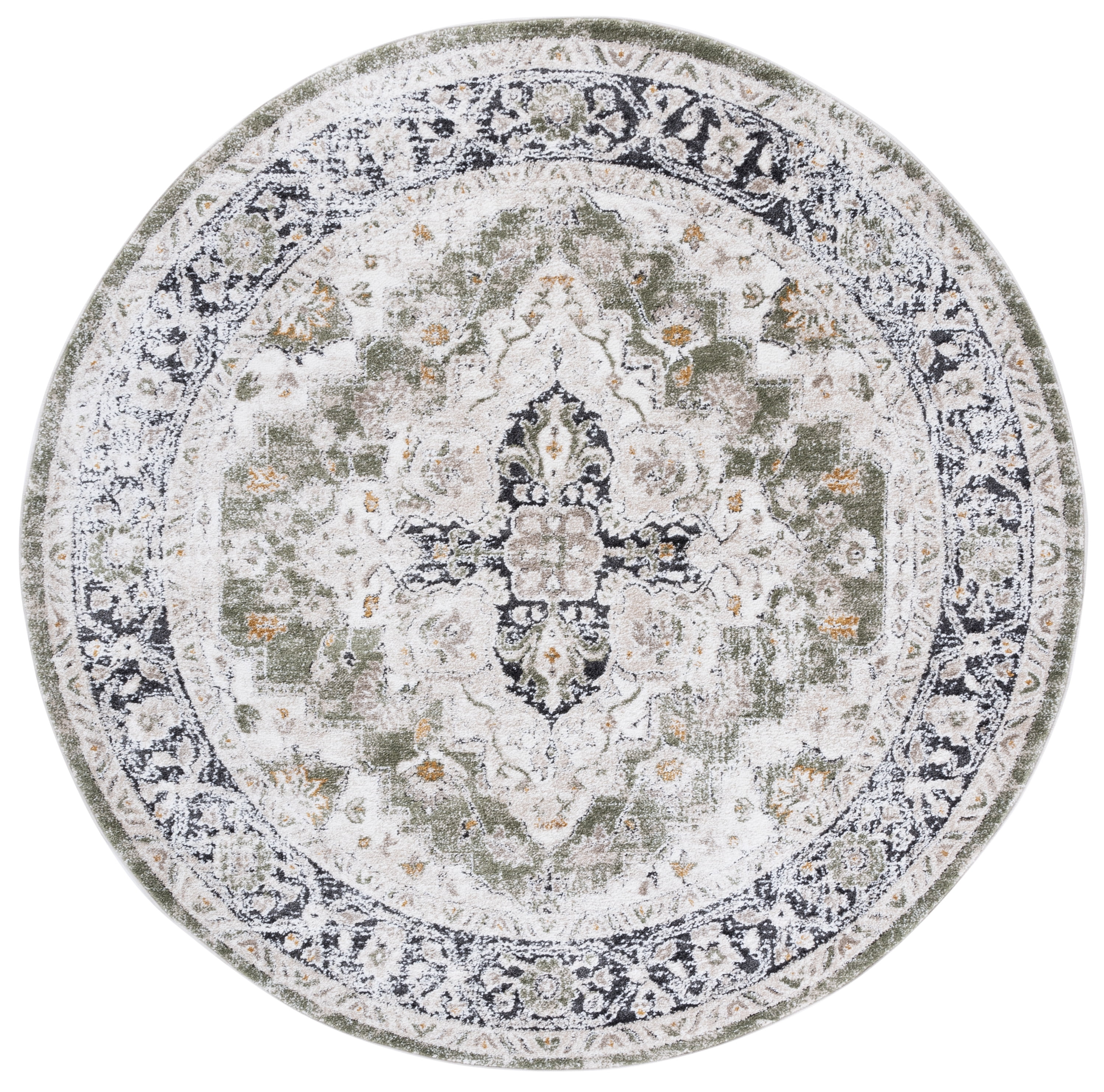 Green and Beige Round Synthetic Medallion Area Rug, 6'7"