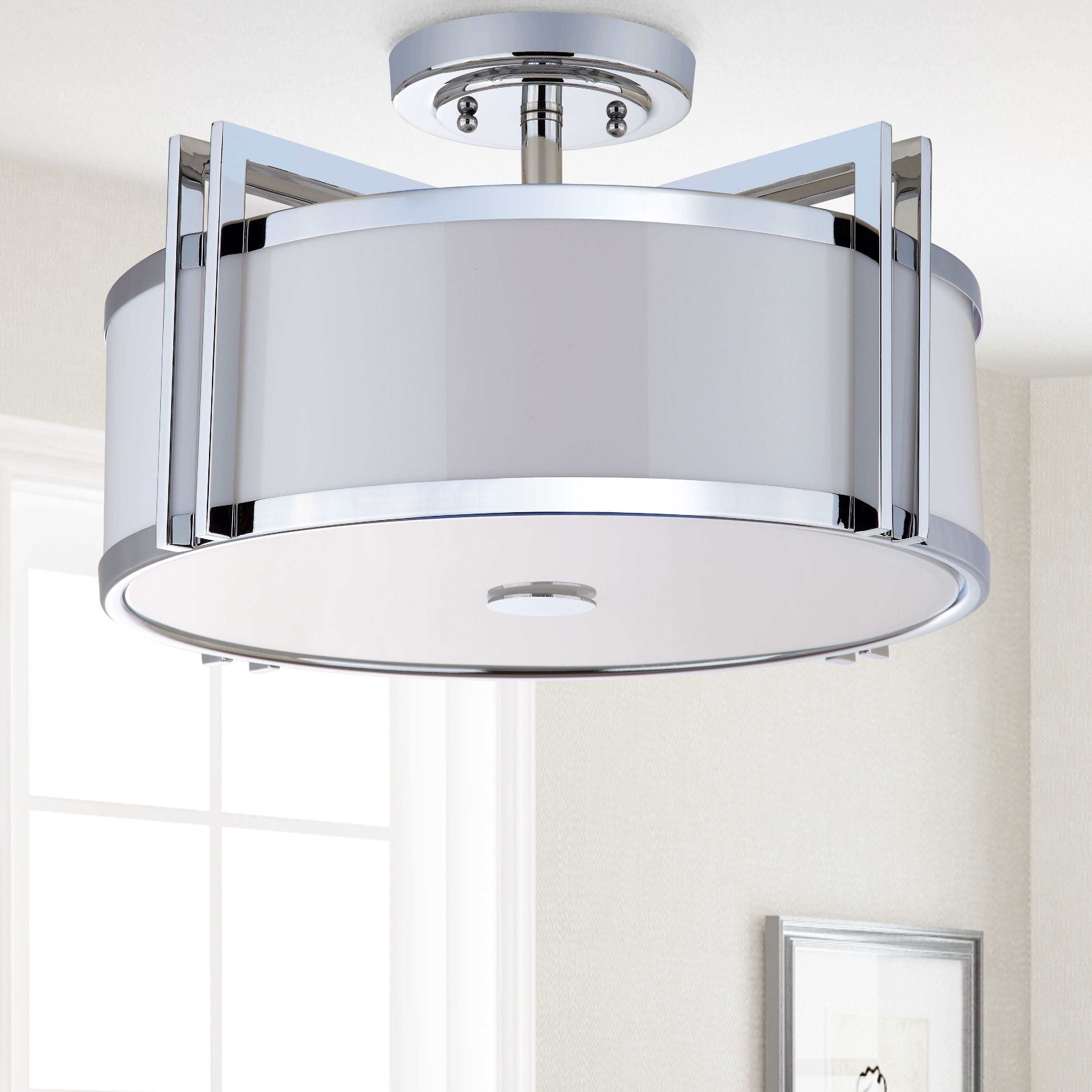 Contemporary Chrome 17'' Drum Ceiling Light with Cream Shade