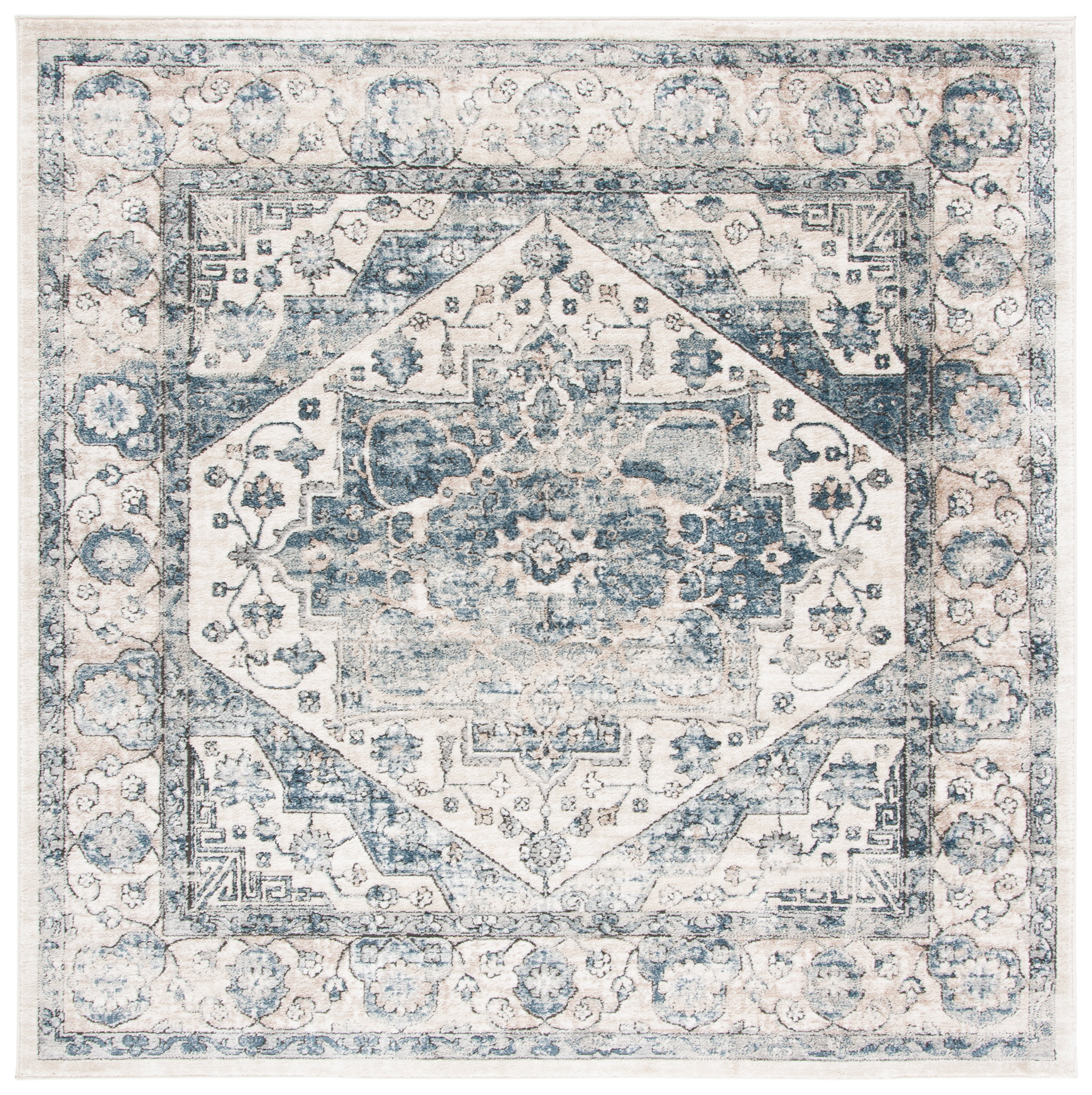 Ivory and Blue Synthetic Medallion Square Area Rug