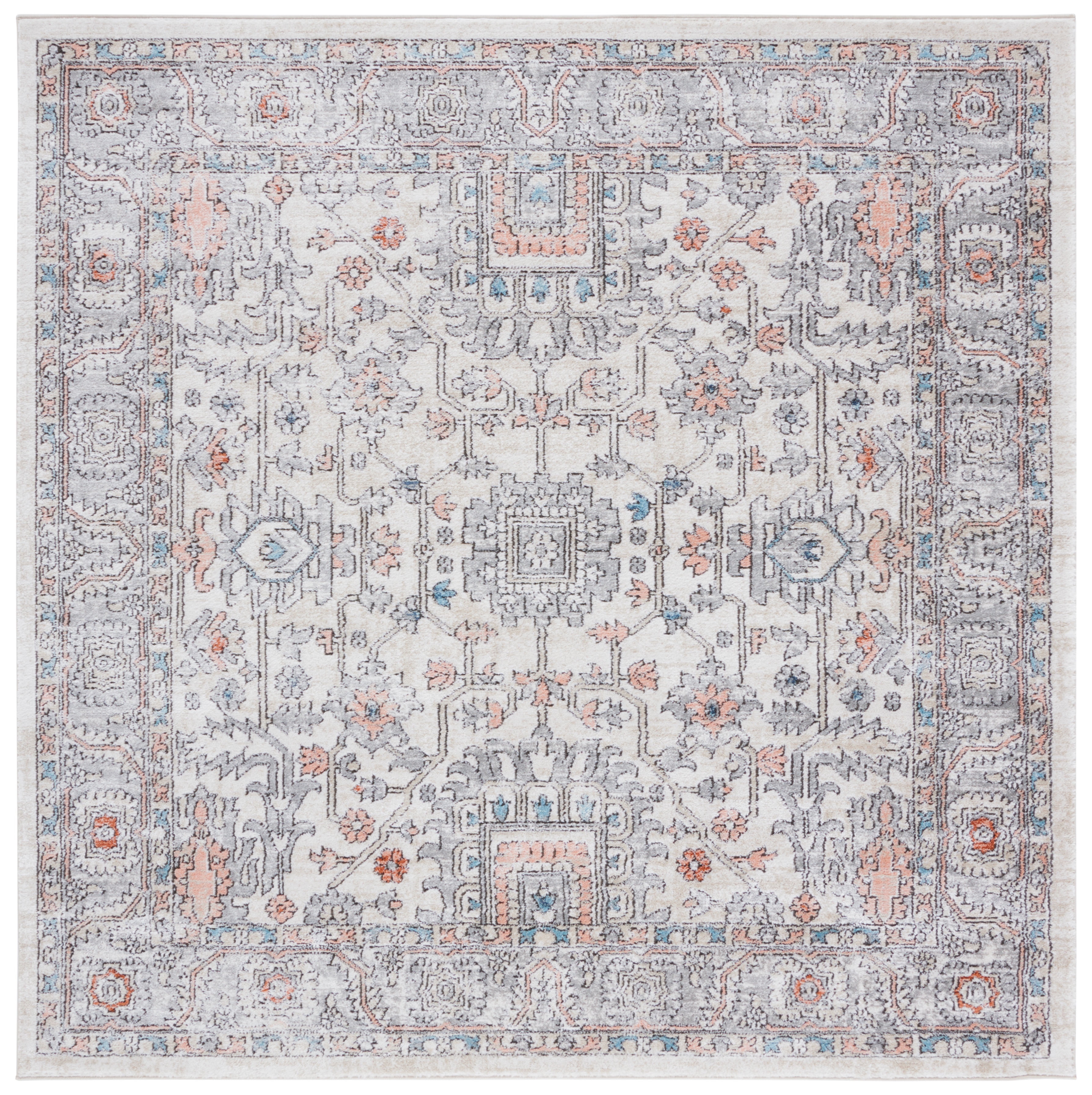 Ivory and Gray Synthetic Square Medallion Area Rug