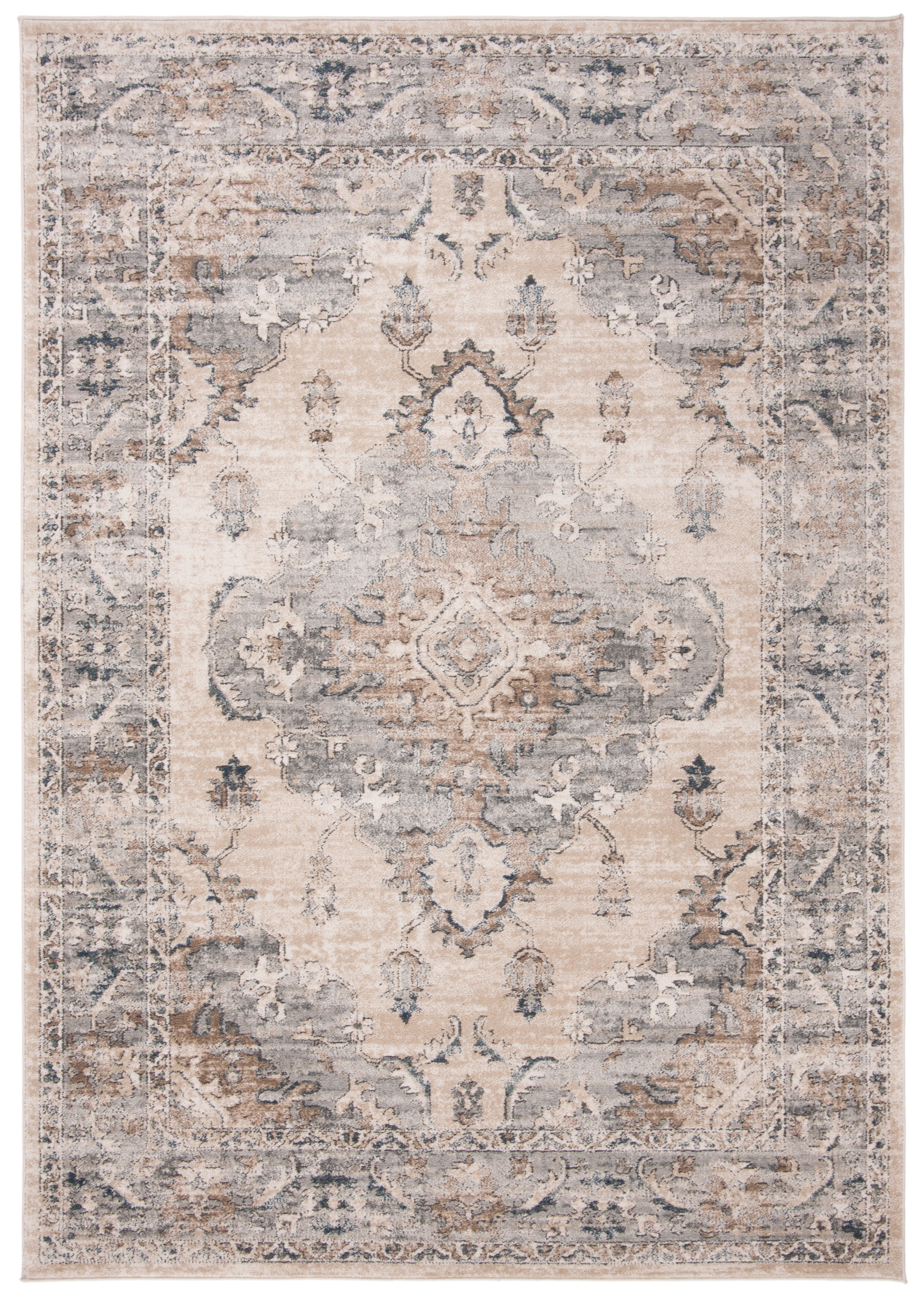 Gray and Beige Floral Synthetic 3' x 5' Area Rug