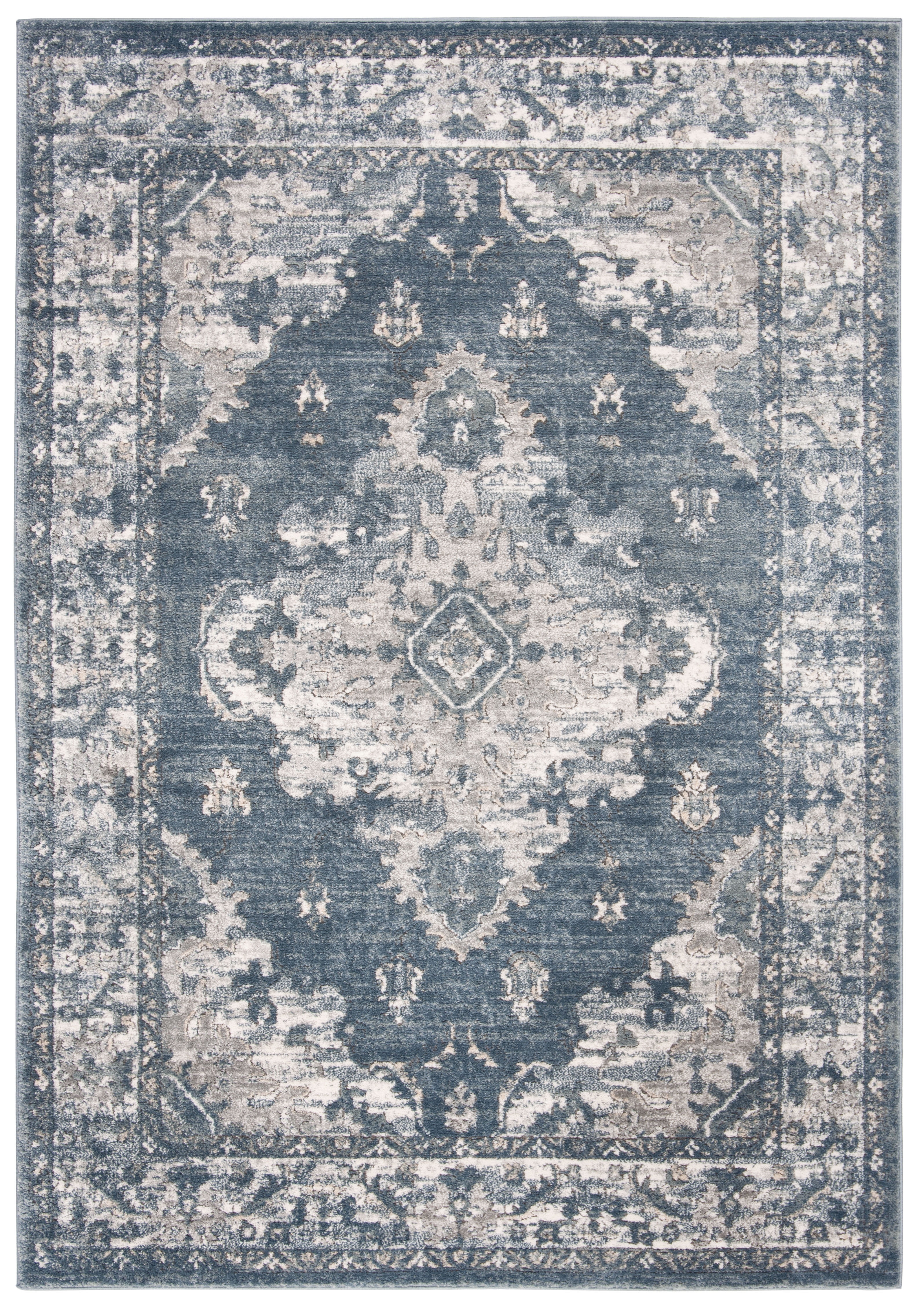 Oregon Blue and Cream Floral Synthetic Rectangular Area Rug