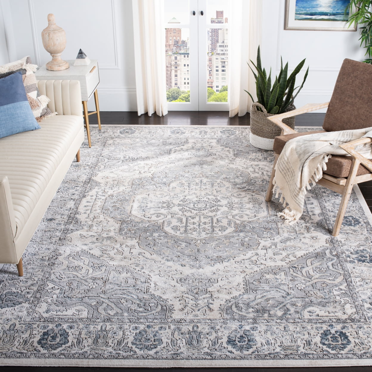 Elegant Grey and Ivory Medallion Runner Rug, 2'2" x 12', Synthetic