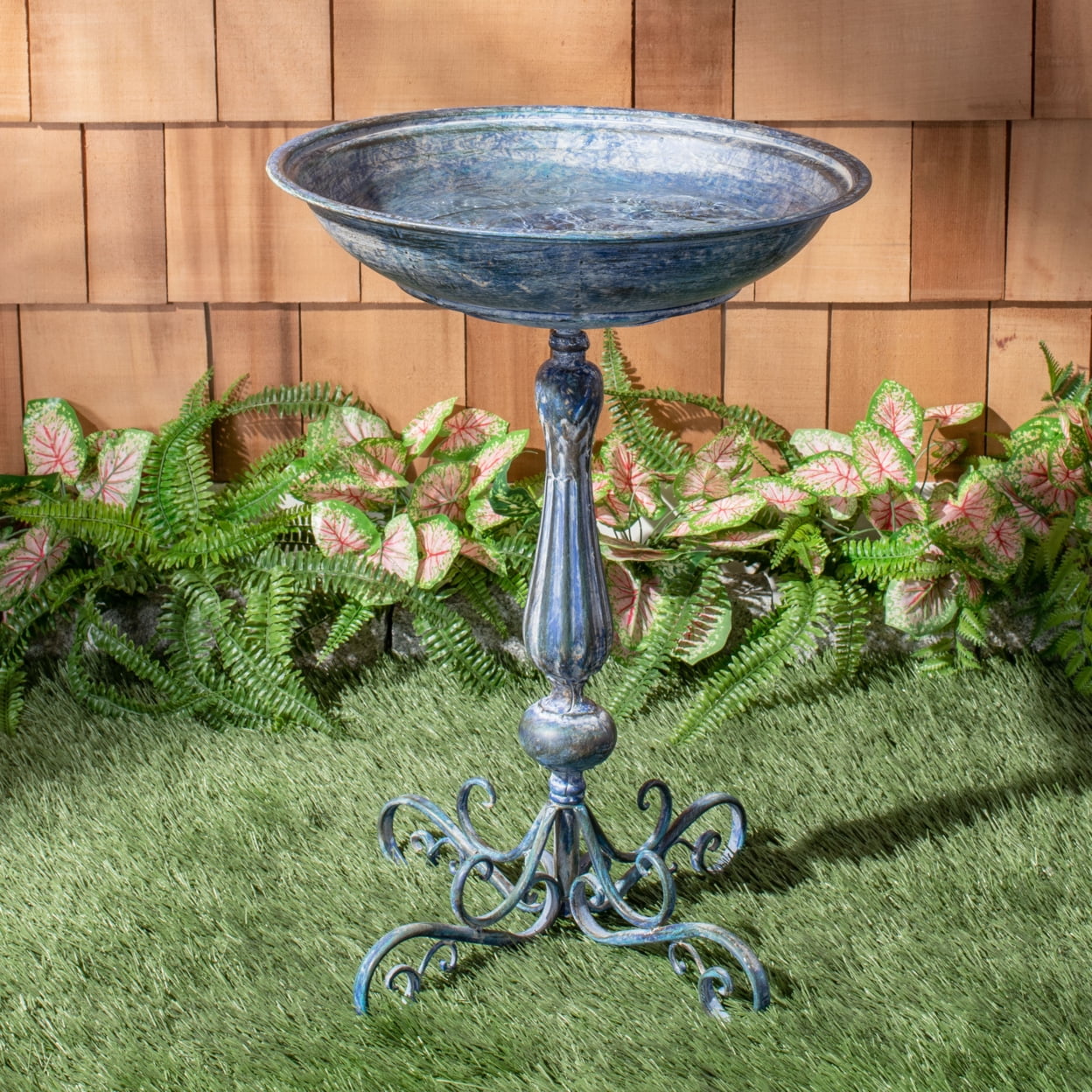 Victorian Mossy Blue Iron Birdbath with Scrollwork