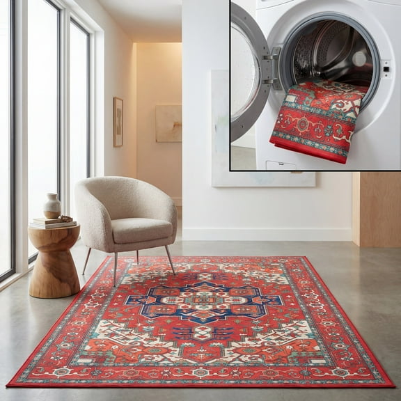 SAFAVIEH Orlando Alphonse Medallion Machine Washable Area Rug, Red/Beige, 8' x 10'