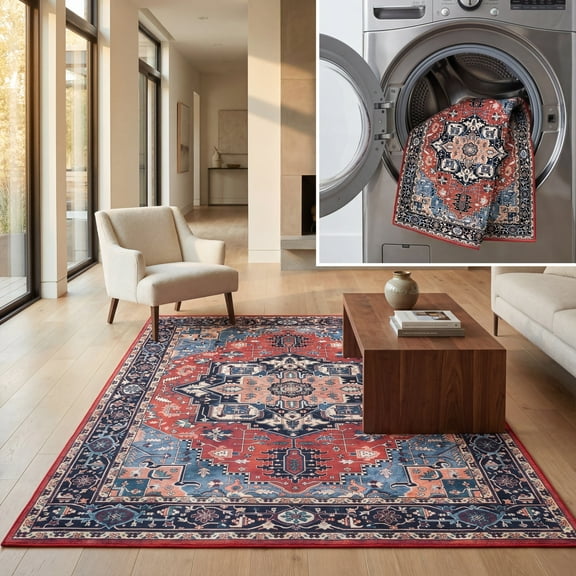 SAFAVIEH Orlando Bruce Medallion Machine Washable Area Rug, Rust/Blue, 5'5" x 5'5" Square