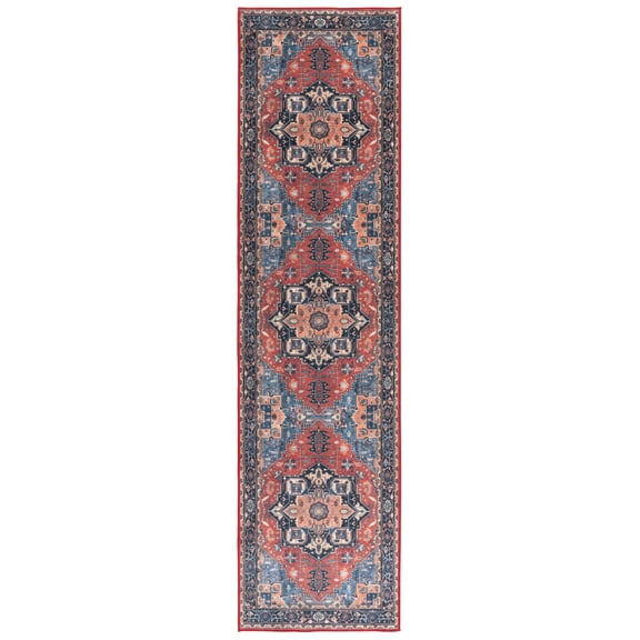 SAFAVIEH Orlando Bruce Medallion Machine Washable Runner Rug, Rust/Blue, 1'10" x 8'